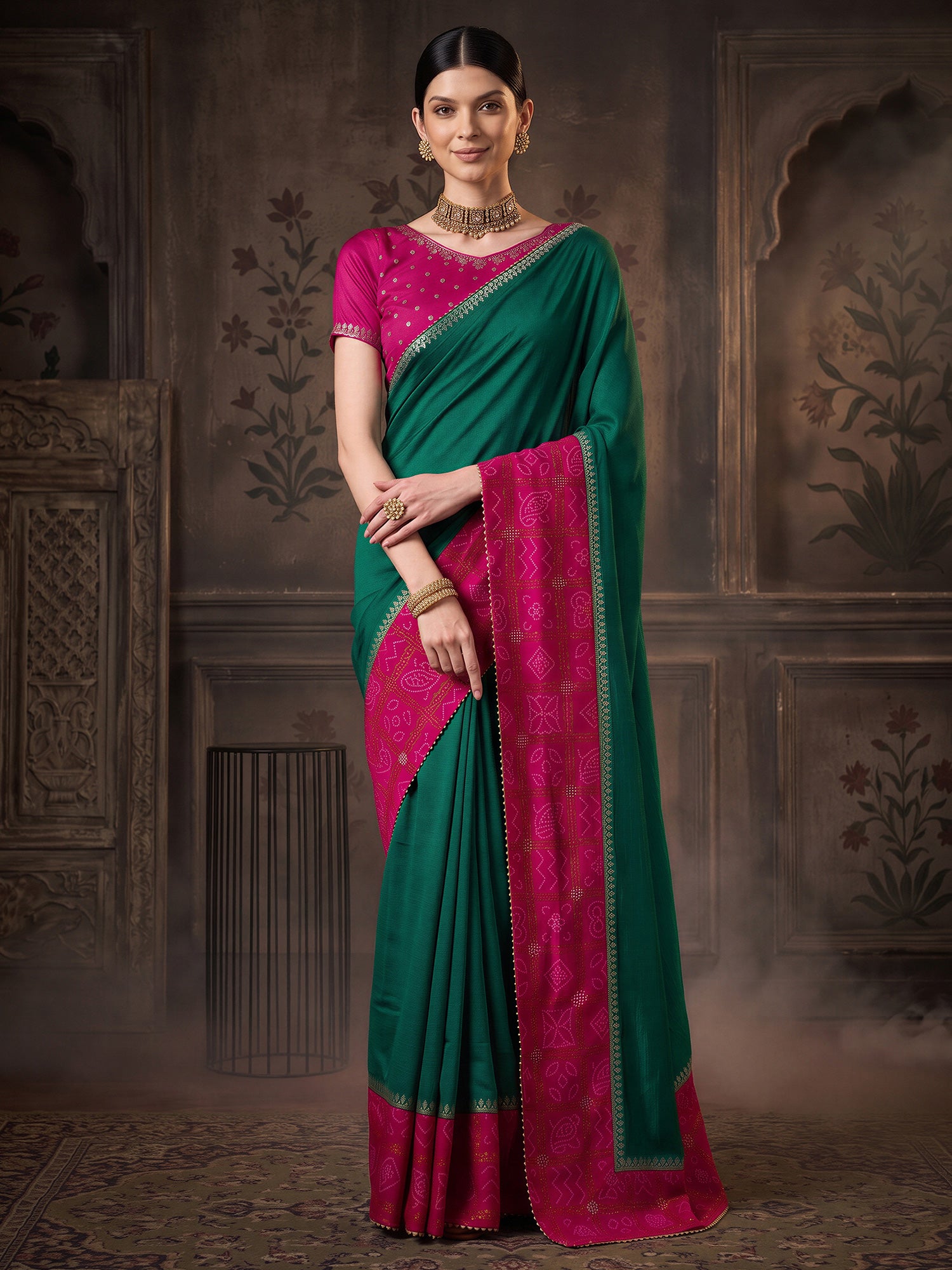 Teal Green Vichitra Silk saree – detail view 2