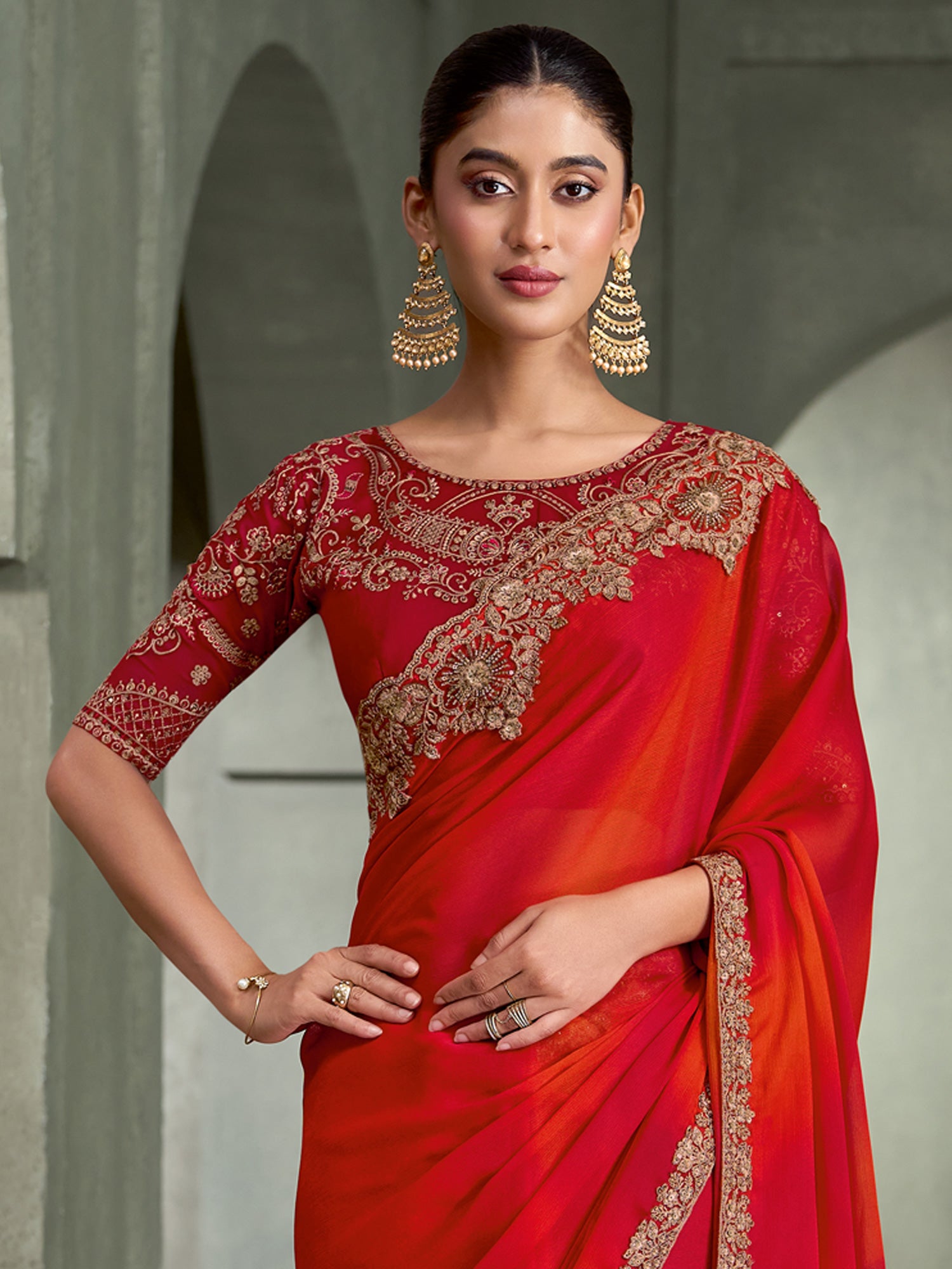 Red Chiffon saree – detail view 2