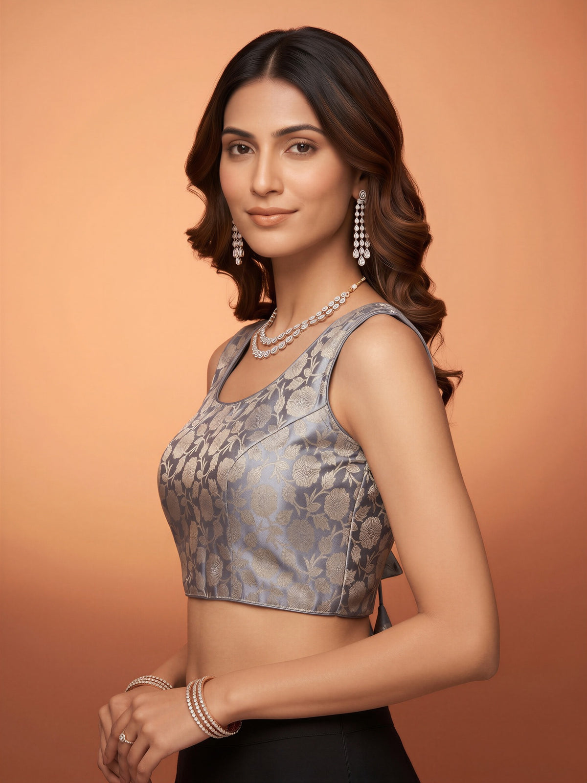 Silver woven brocade silk blend sleeveless readymade saree blouse with round neck view 2