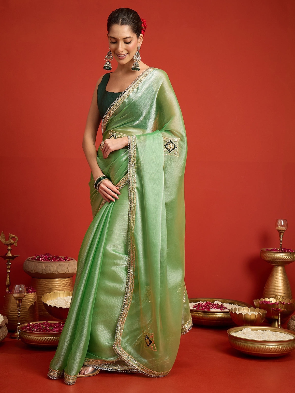 Sea Green Paper Silk saree – detail view 1