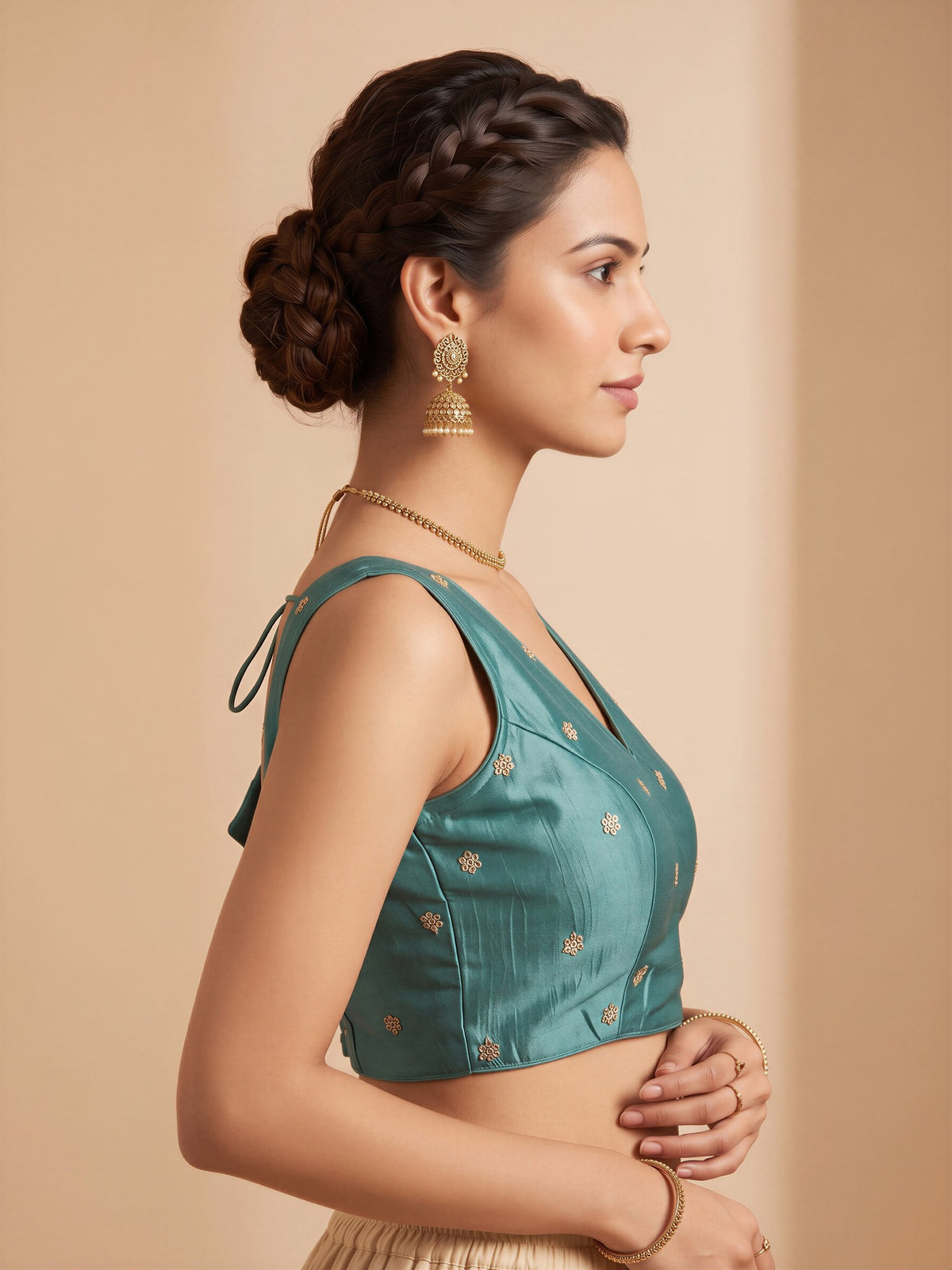 Turquoise Blue sequin embellished vichitra silk sleeveless readymade saree blouse with v neck view 2