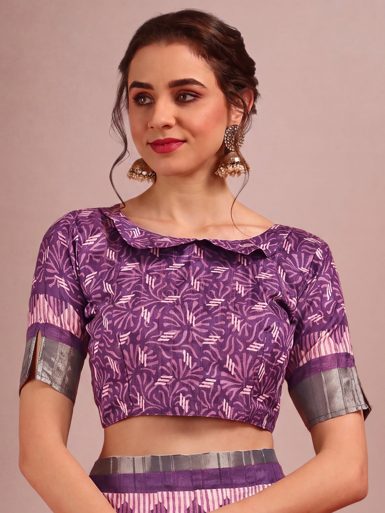 Unstitched violet cotton silk blouse piece with ethnic motif design