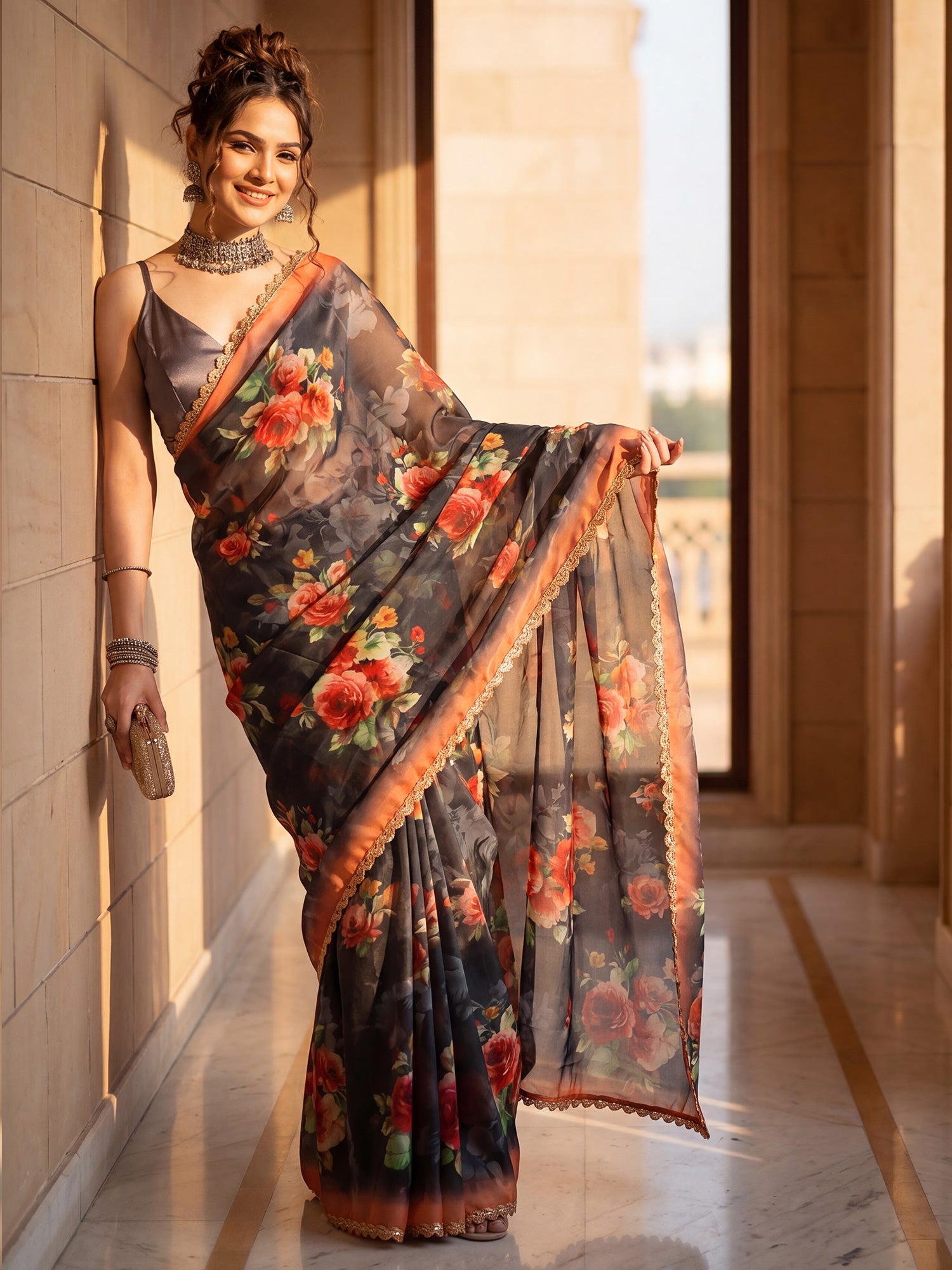 Charcoal Grey Organza saree – detail view 3