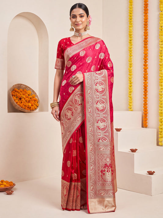 Woman wearing pink satin silk saree with zari butta (metallic motif) work and red blouse