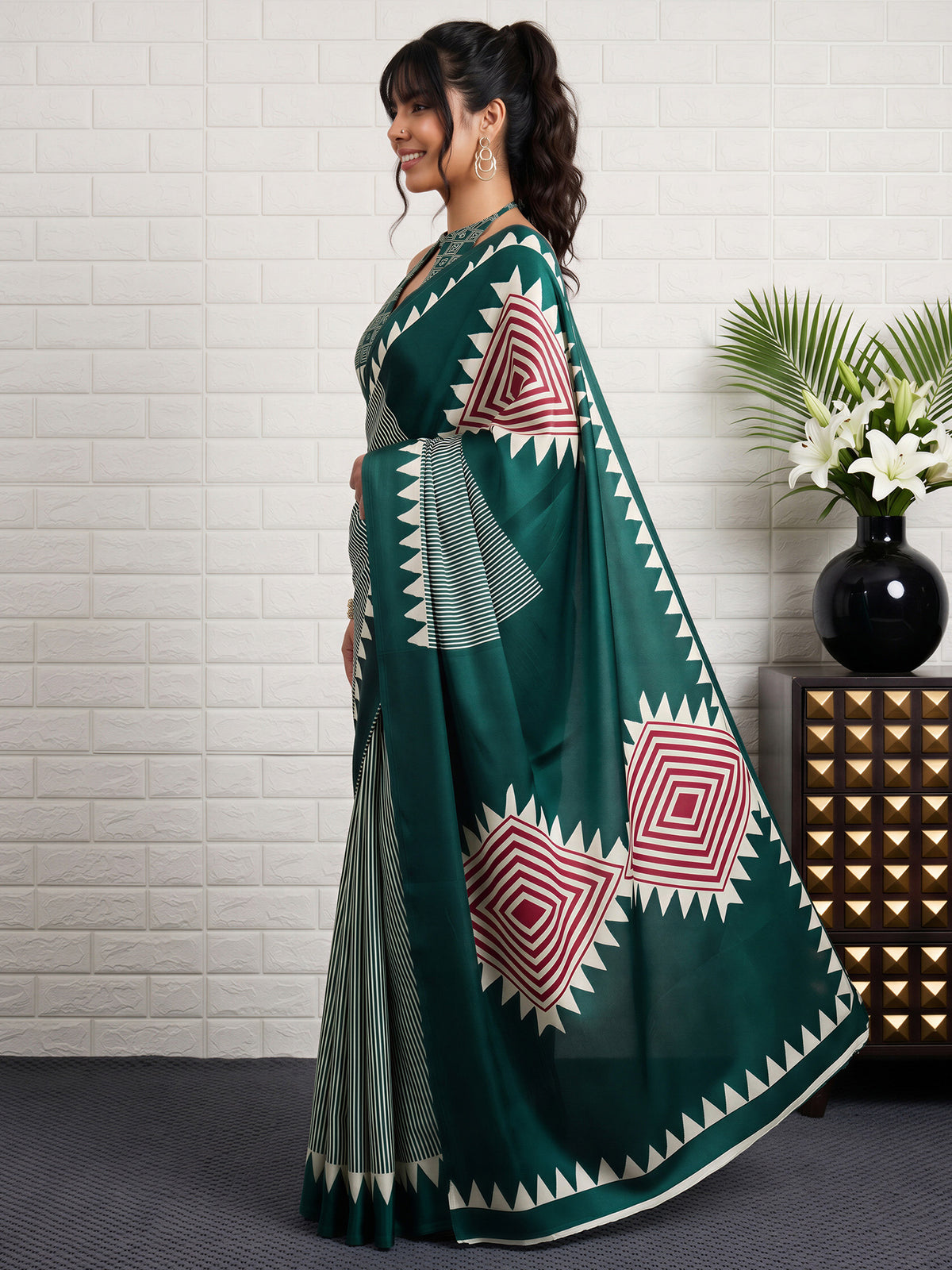 Green Satin Silk saree – detail view 2