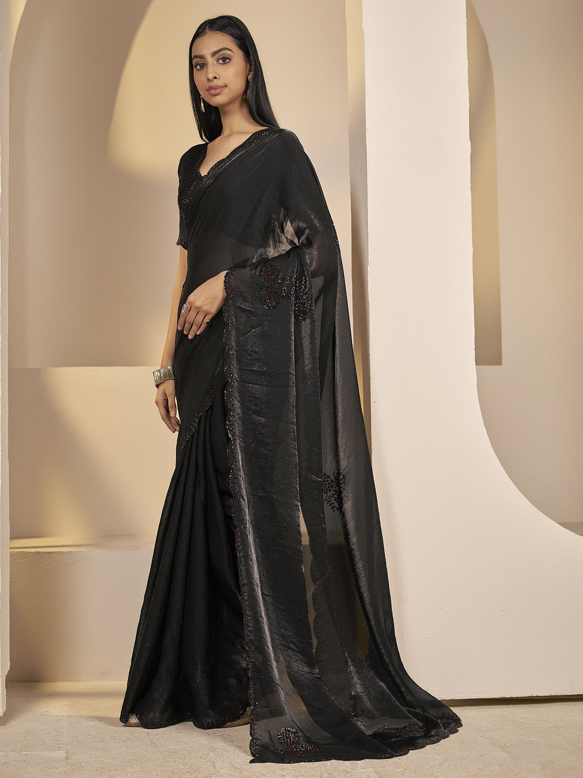 Black satin silk saree view 1