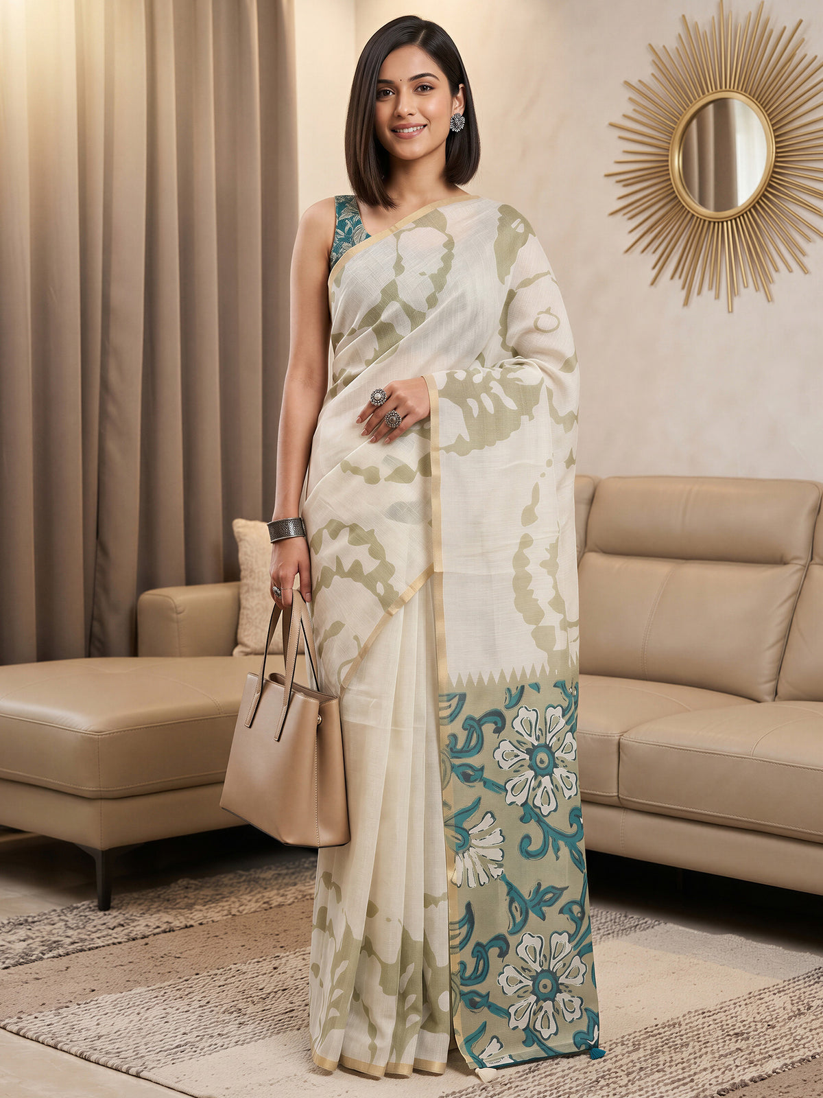 Woman wearing white cotton blend saree with shibori resist-dye pattern and teal blue blouse