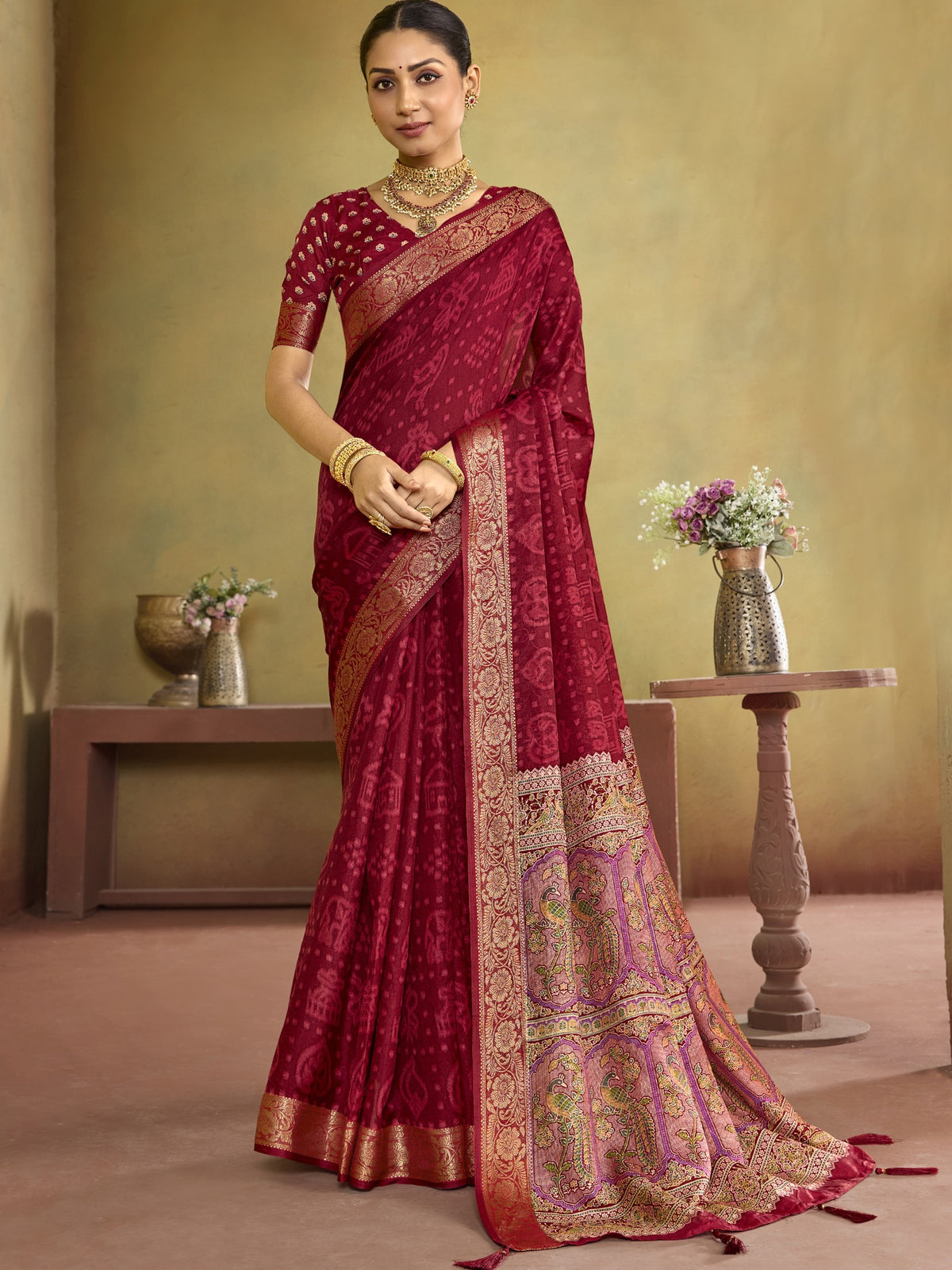 Maroon ethnic motif tussar silk saree with maroon blouse piece