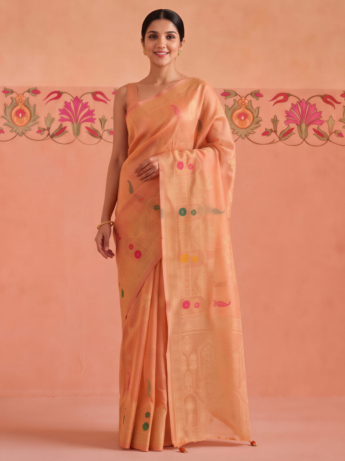 Peach silk blend saree view 4