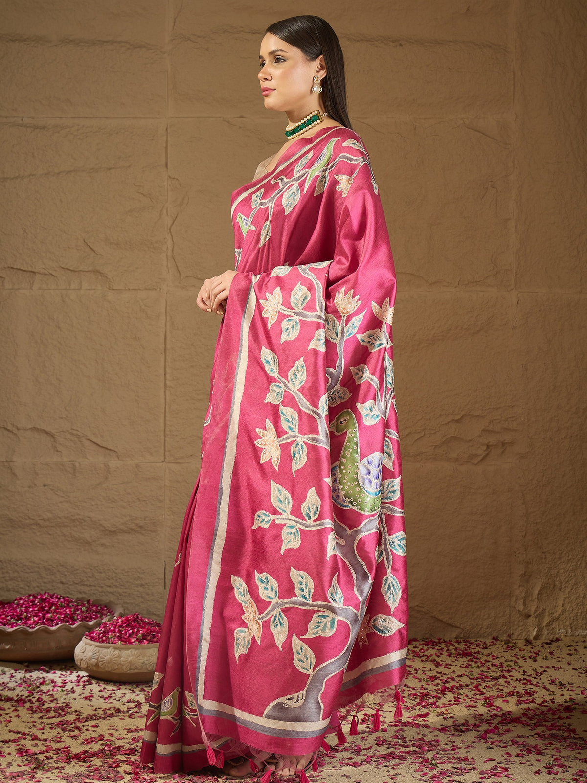 Pink art silk saree view 3