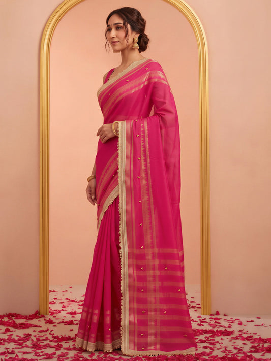Pink woven design soft silk saree with pink blouse piece