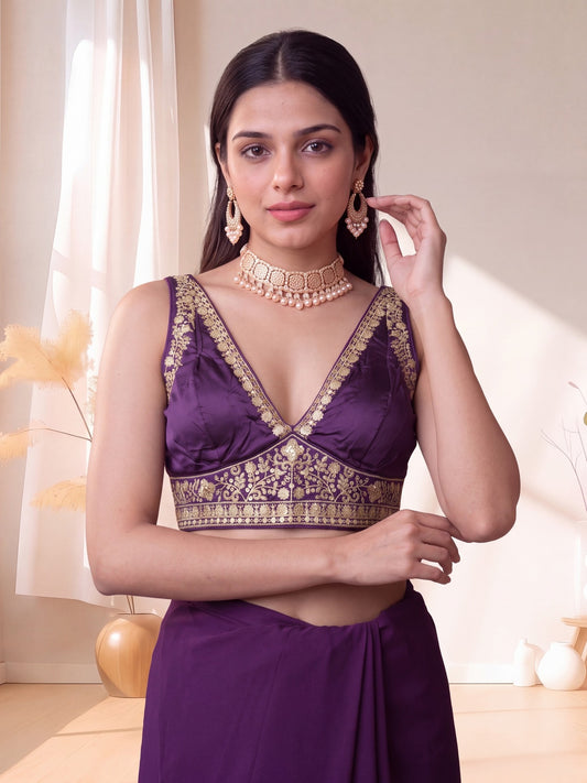 Purple sequin embellished silk blend sleeveless readymade saree blouse with deep v neck