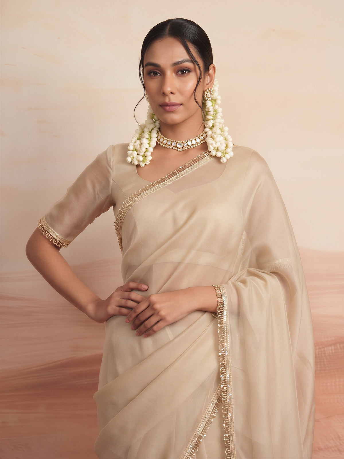 Cream satin silk saree view 4