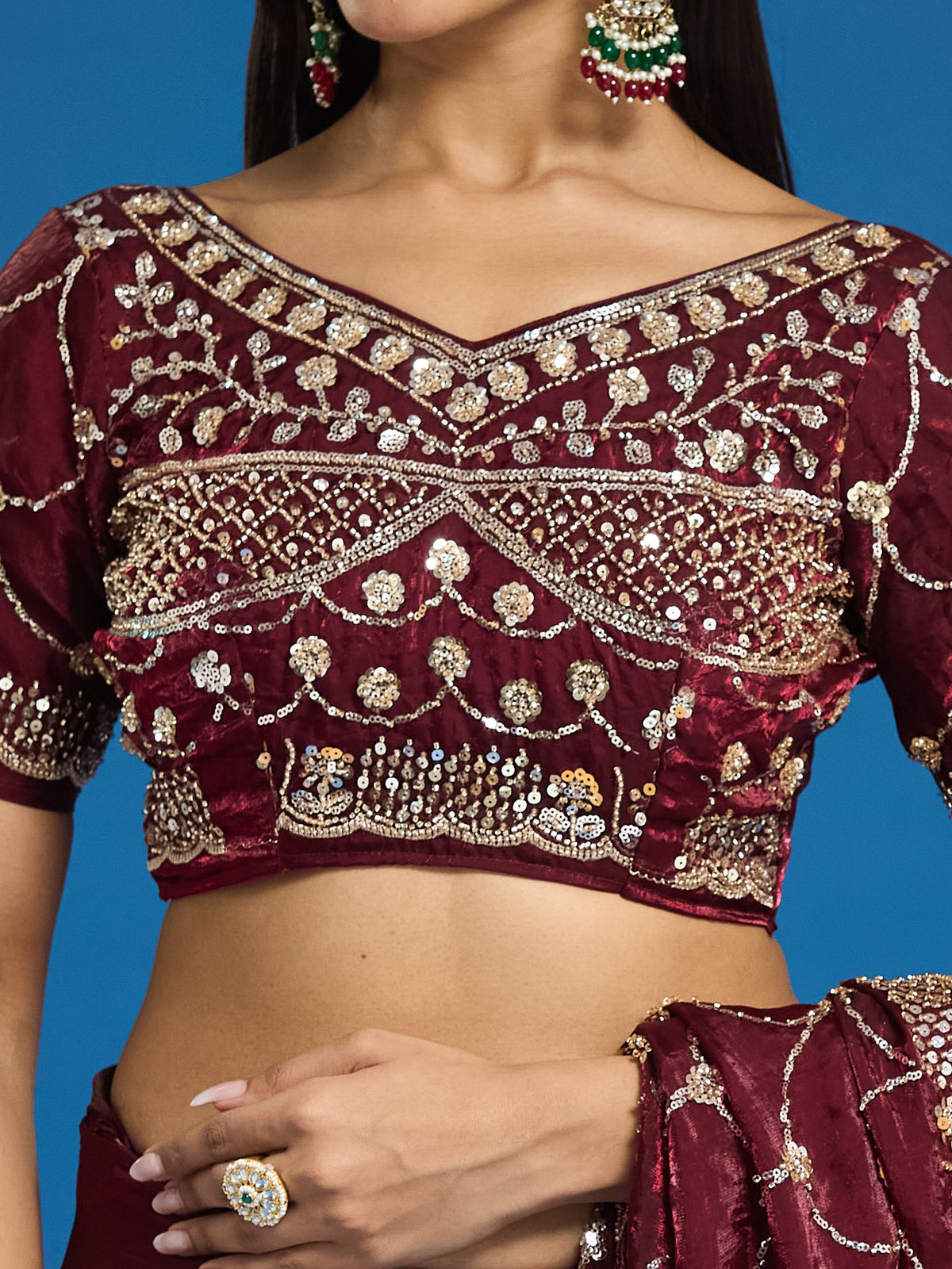 Maroon Satin saree – detail view 6