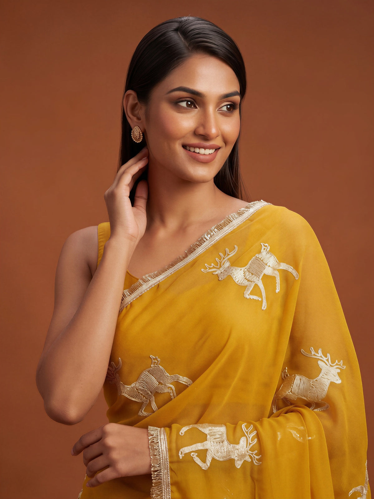 Mustard Georgette saree – detail view 4
