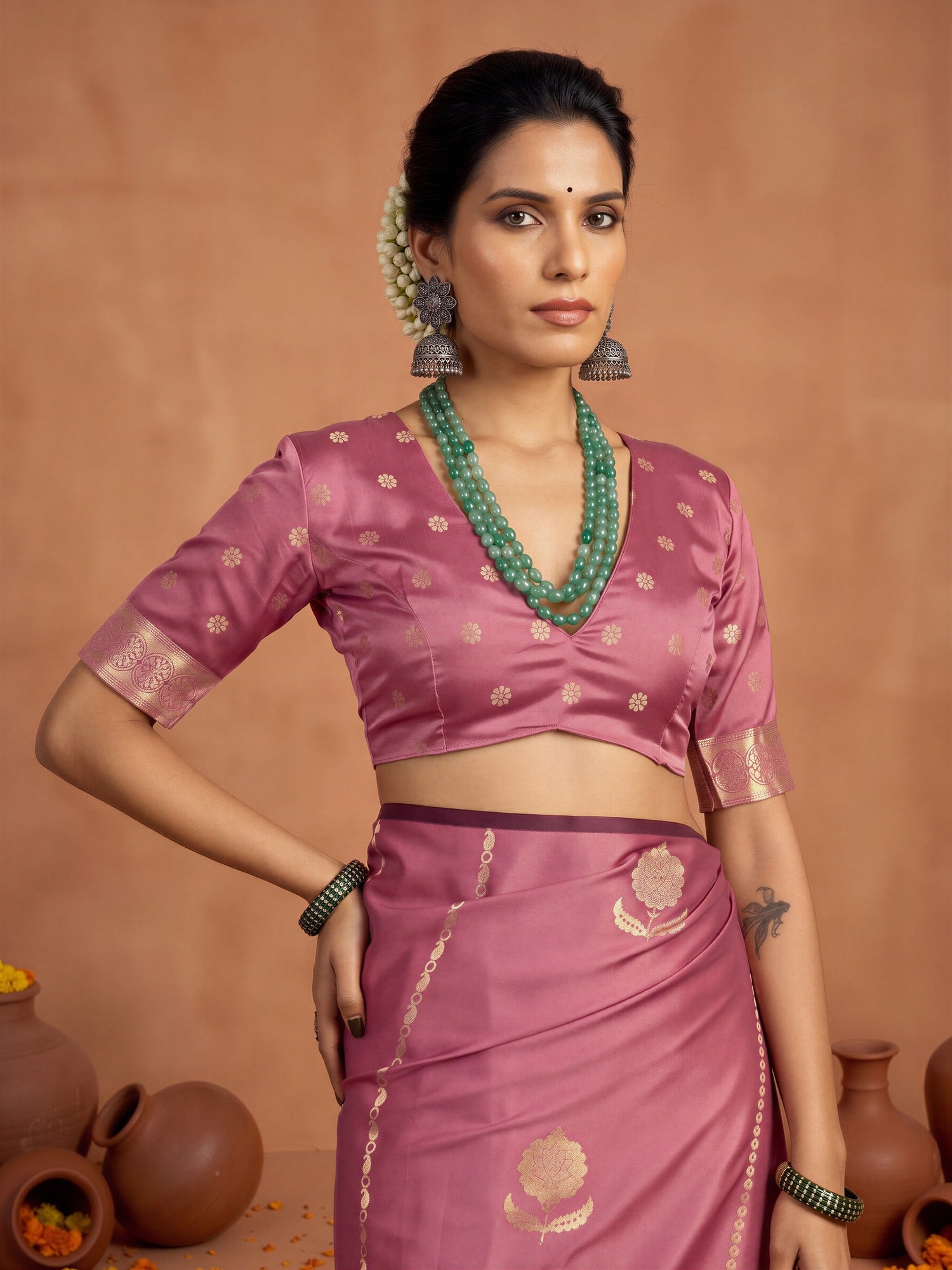 Unstitched mauve satin silk blouse piece with paisley design