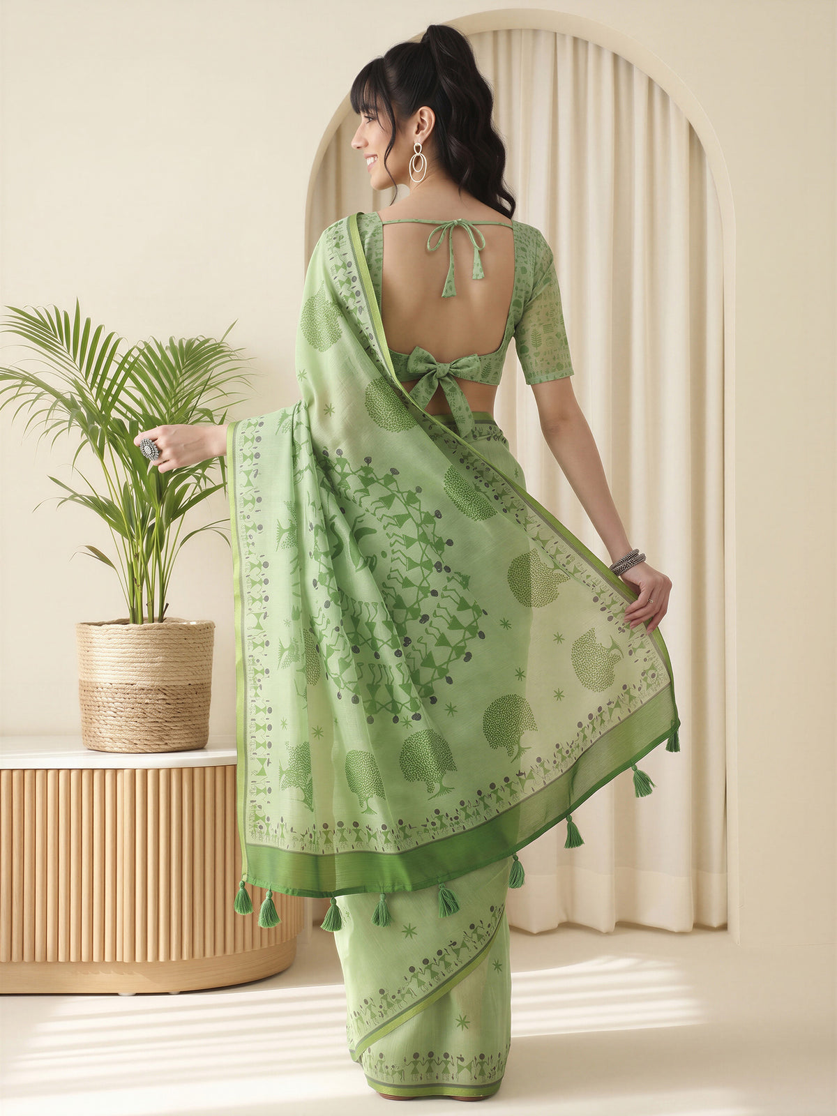Light Green Cotton Linen saree – detail view 1