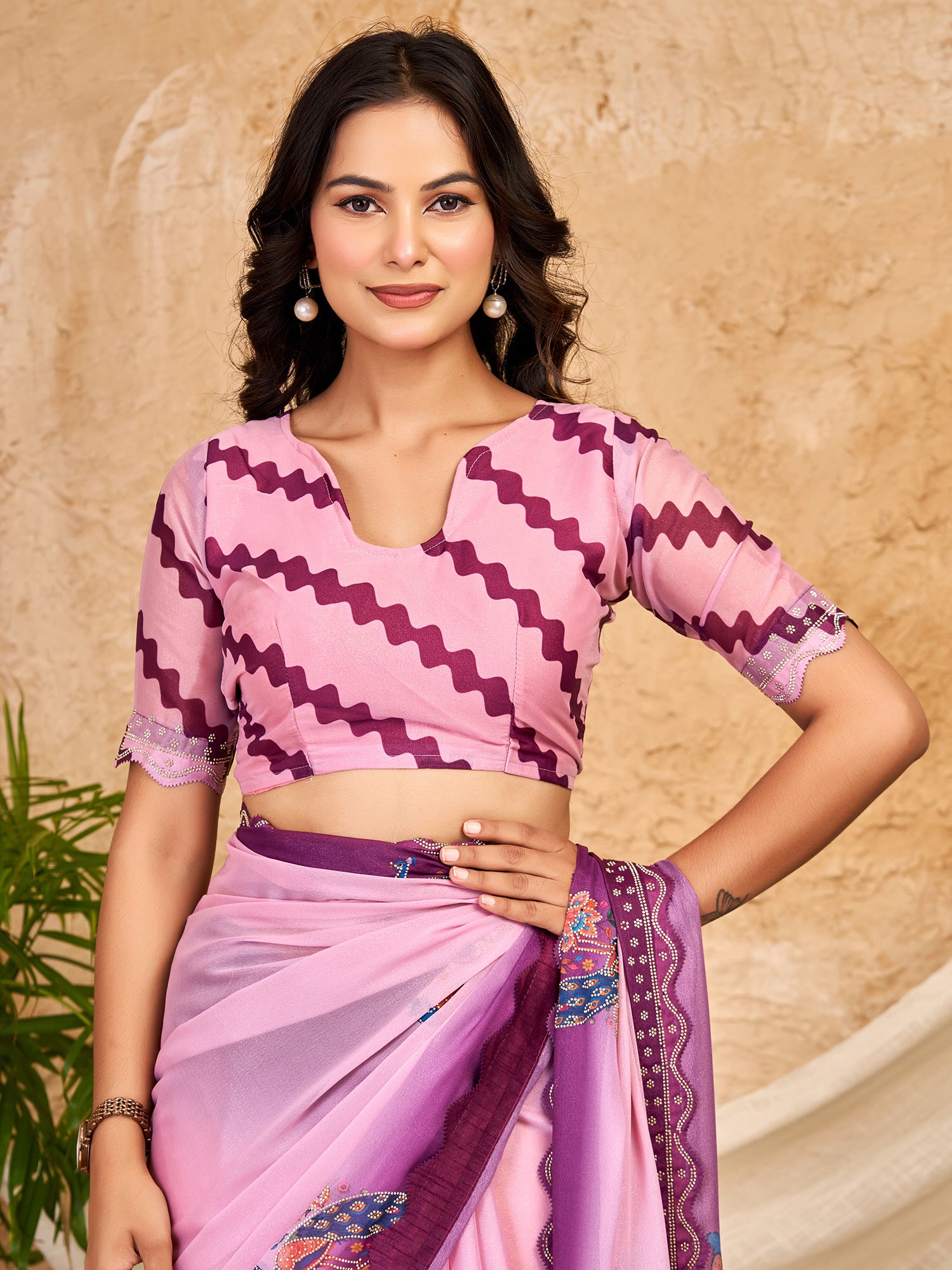 Unstitched lavender georgette blouse piece with geometric design