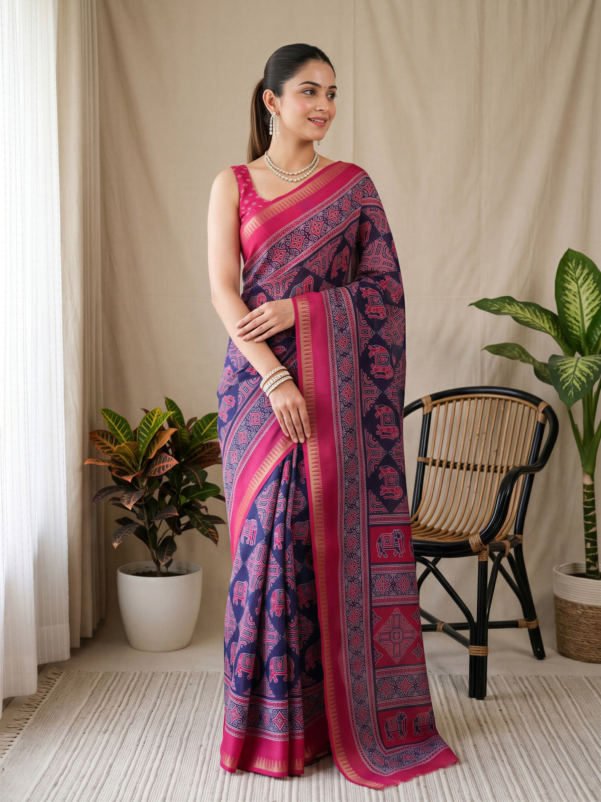 Woman wearing navy blue georgette saree with traditional indian motif work and pink blouse