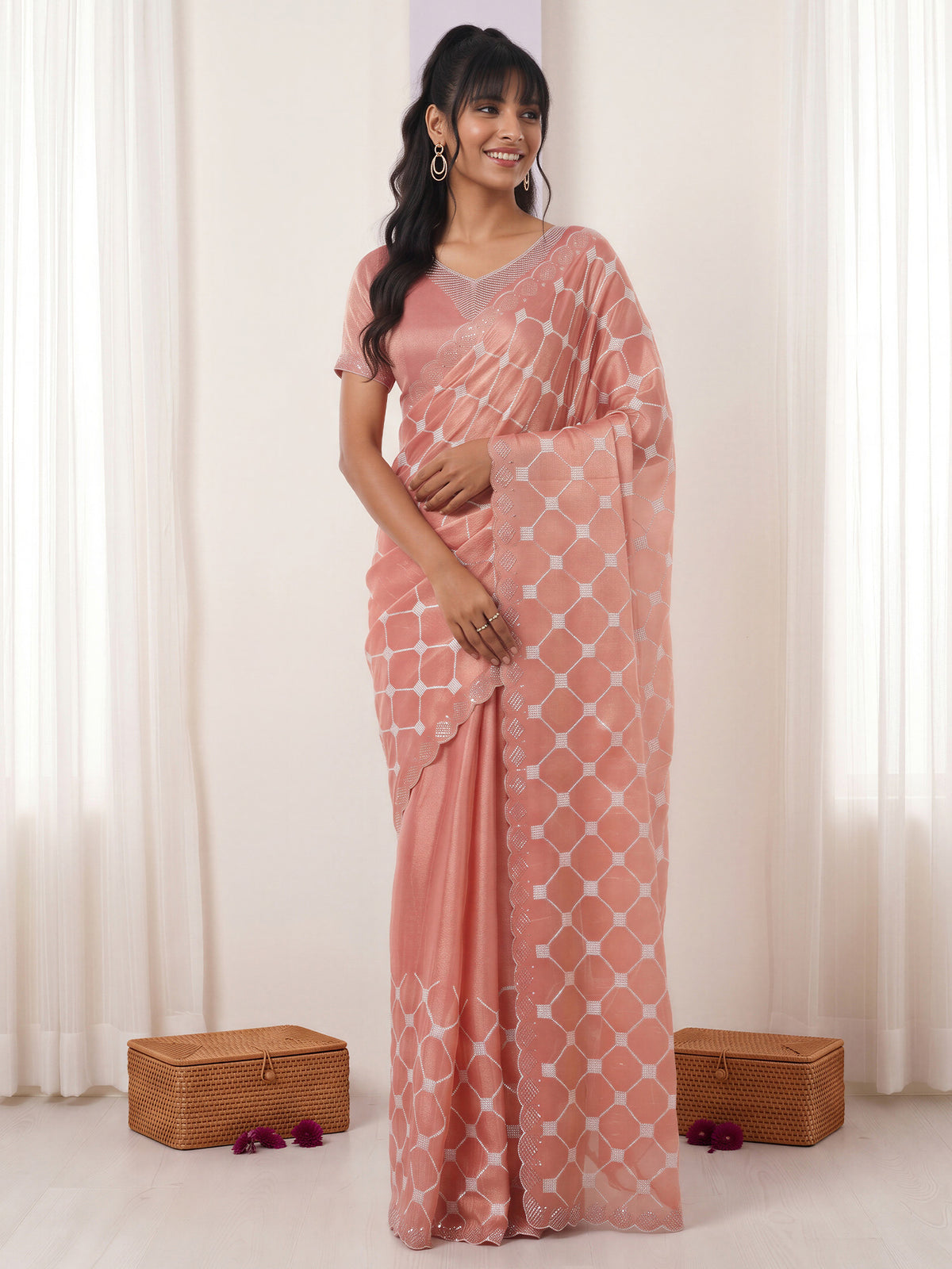 Peach Chiffon saree – detail view 3