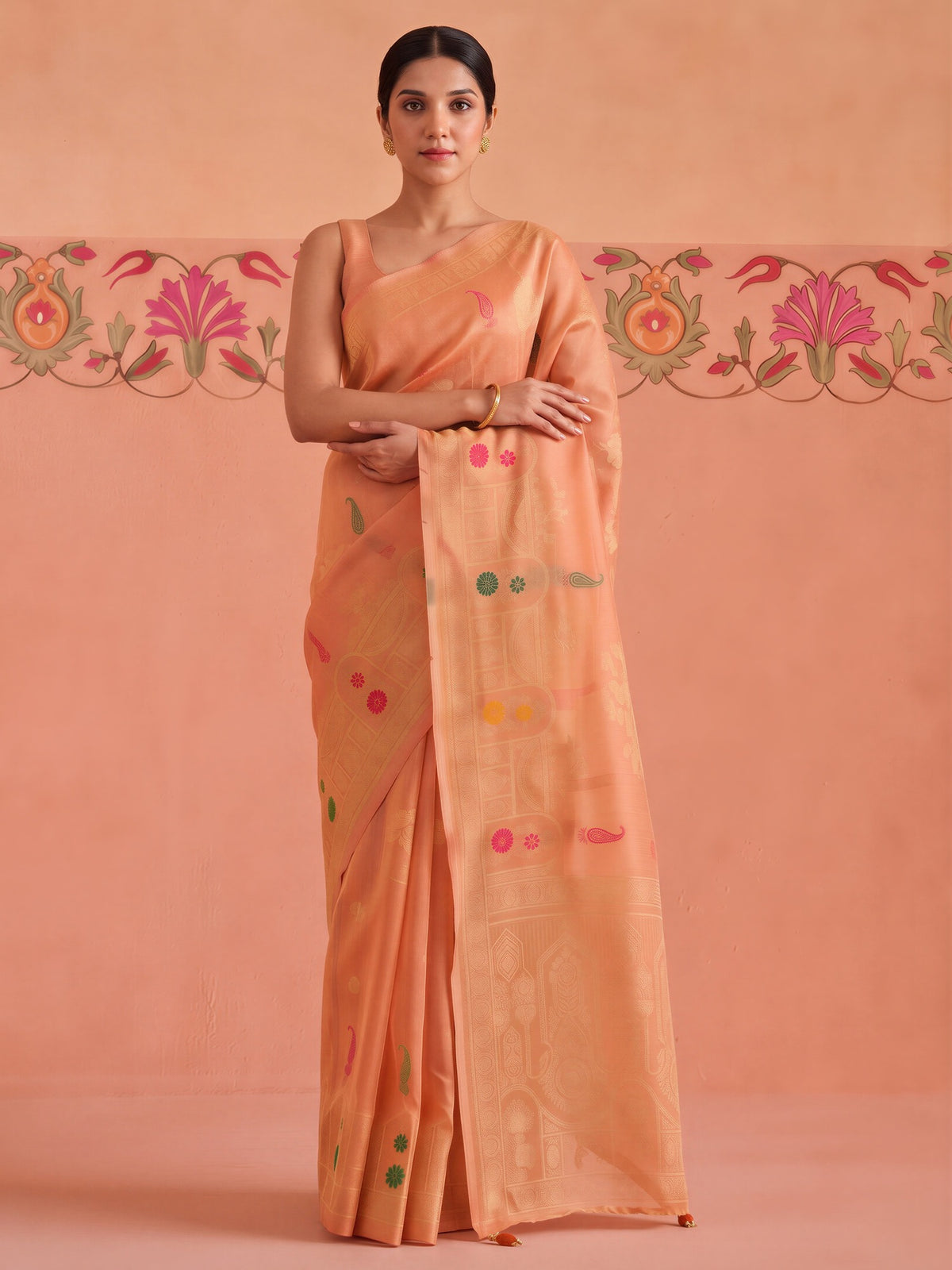 Peach silk blend saree view 2