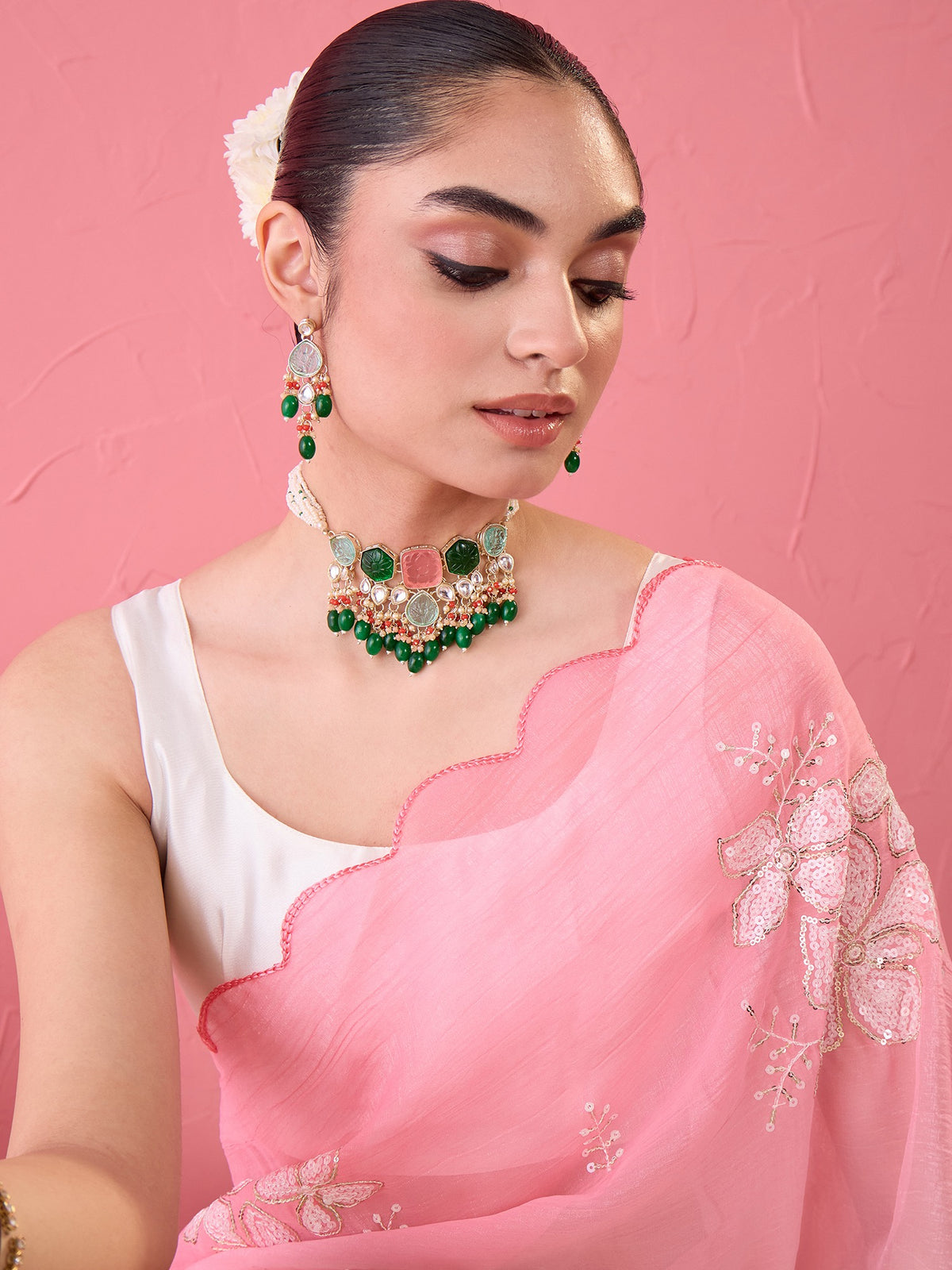 Pink Chiffon saree – detail view 3