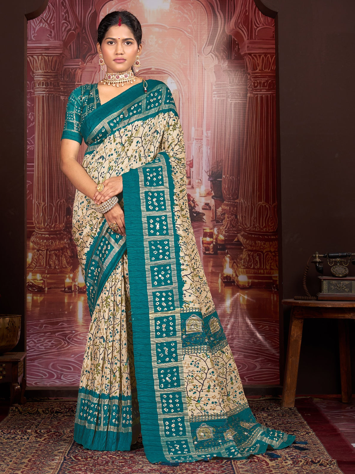 Cream tussar silk saree view 1