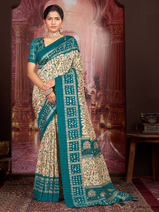 Cream tussar silk saree view 1