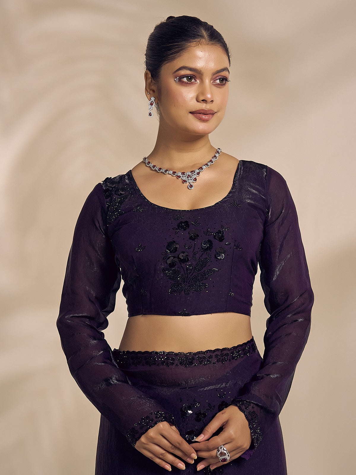 Purple satin silk saree view 4