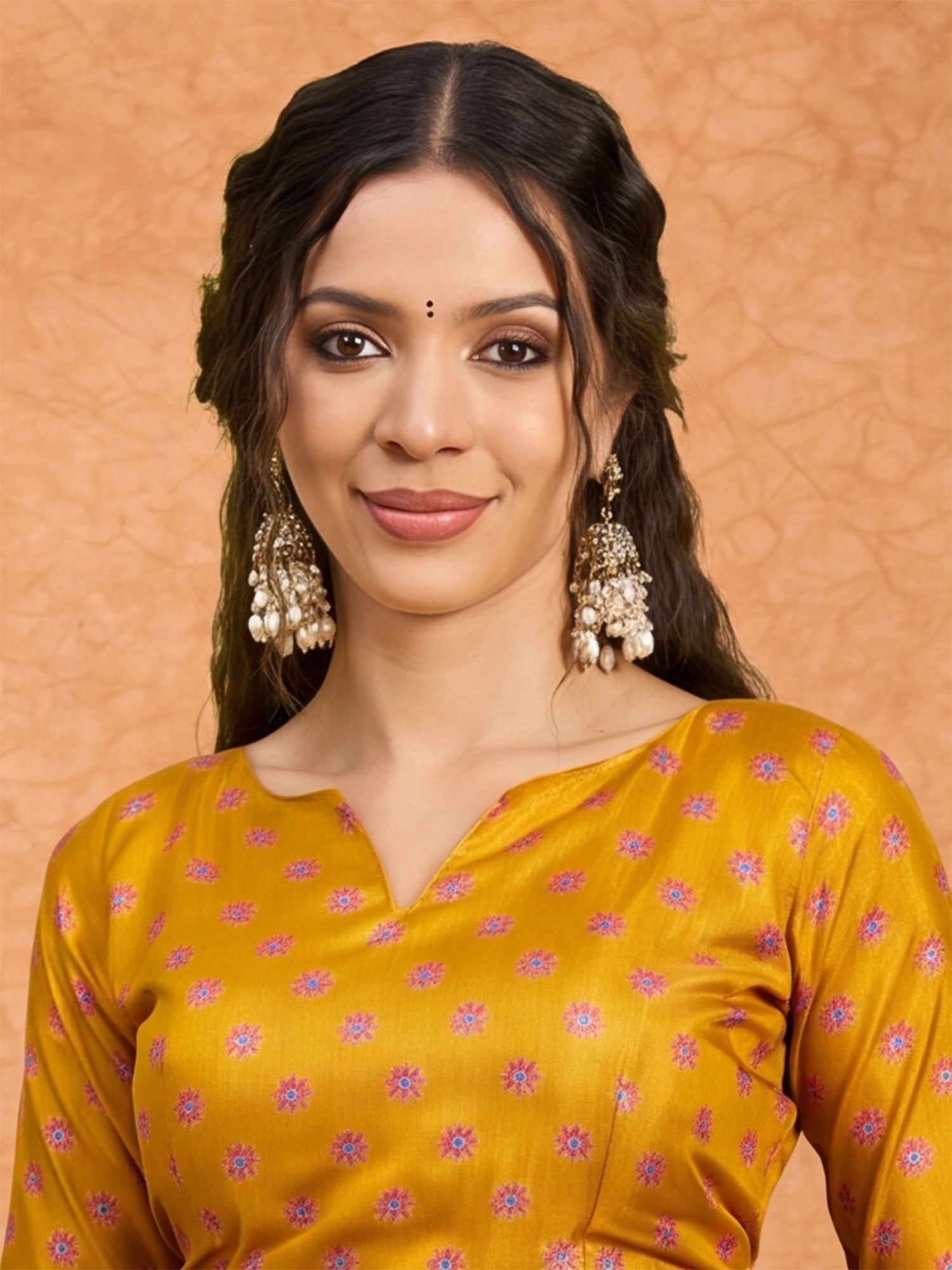 Unstitched mustard silk blend blouse piece with ethnic motif design