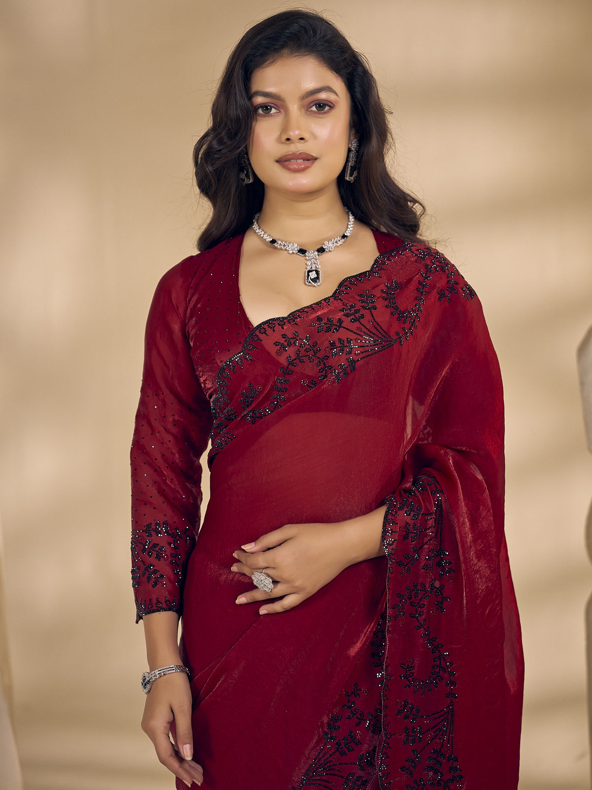 Red satin silk saree view 6