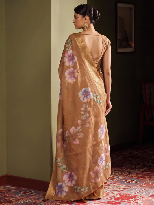 Light Brown silk blend saree view 1