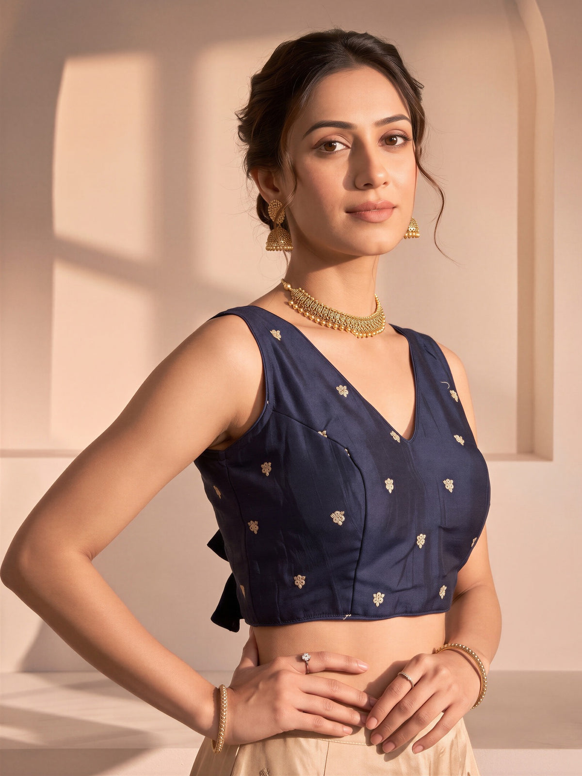 Navy Blue sequin embellished vichitra silk sleeveless readymade saree blouse with v neck view 3