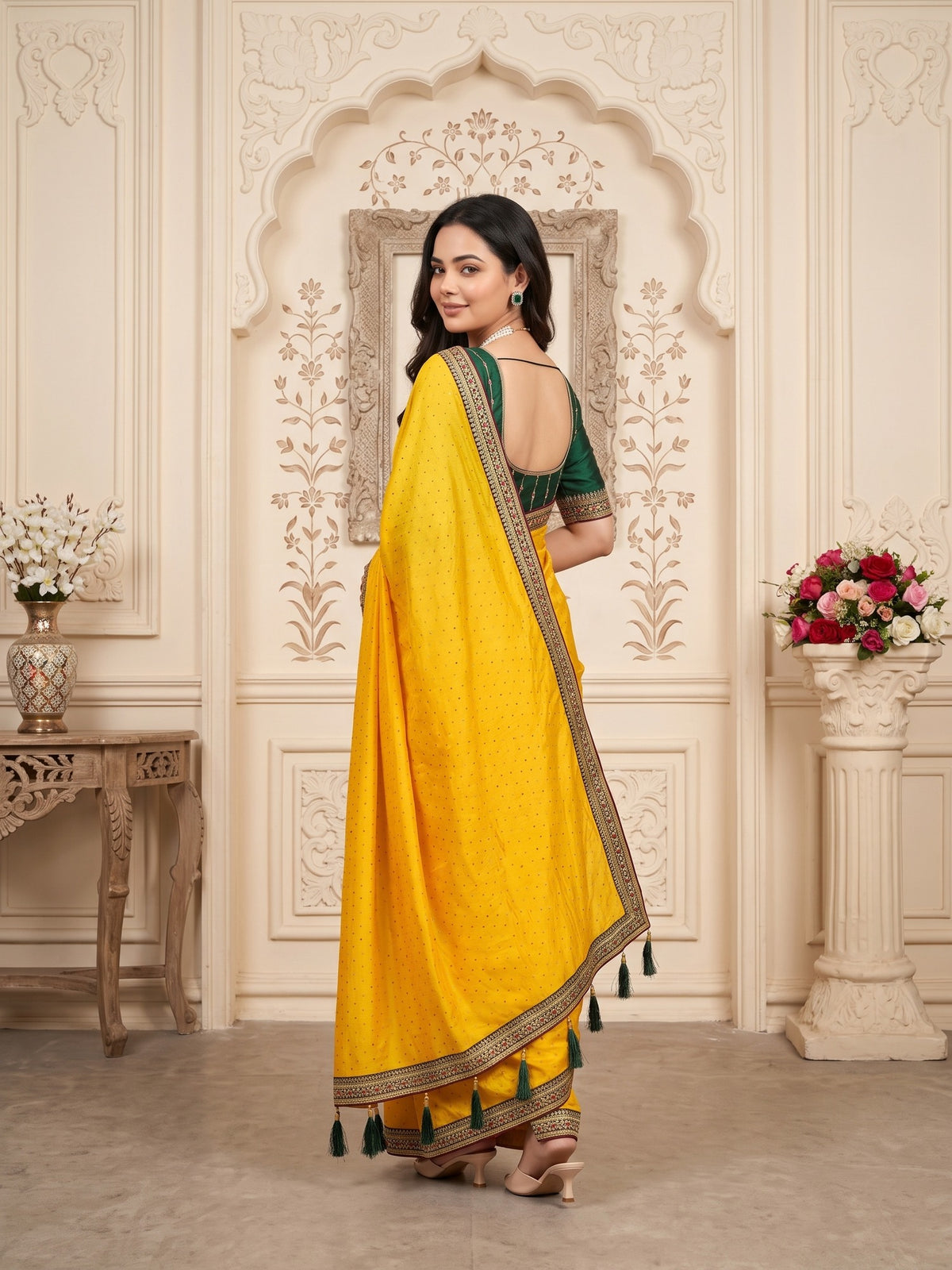 Mustard Vichitra Silk saree – detail view 3
