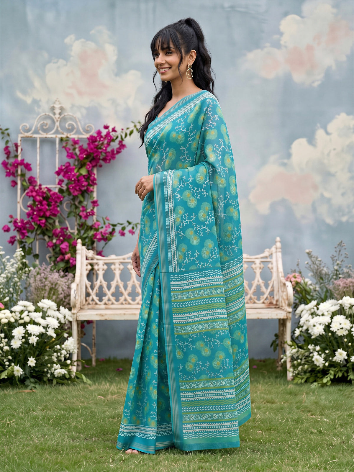 Teal Blue Crepe saree – detail view 2