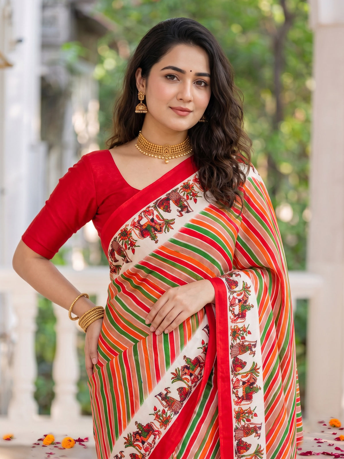 Red crepe saree view 2