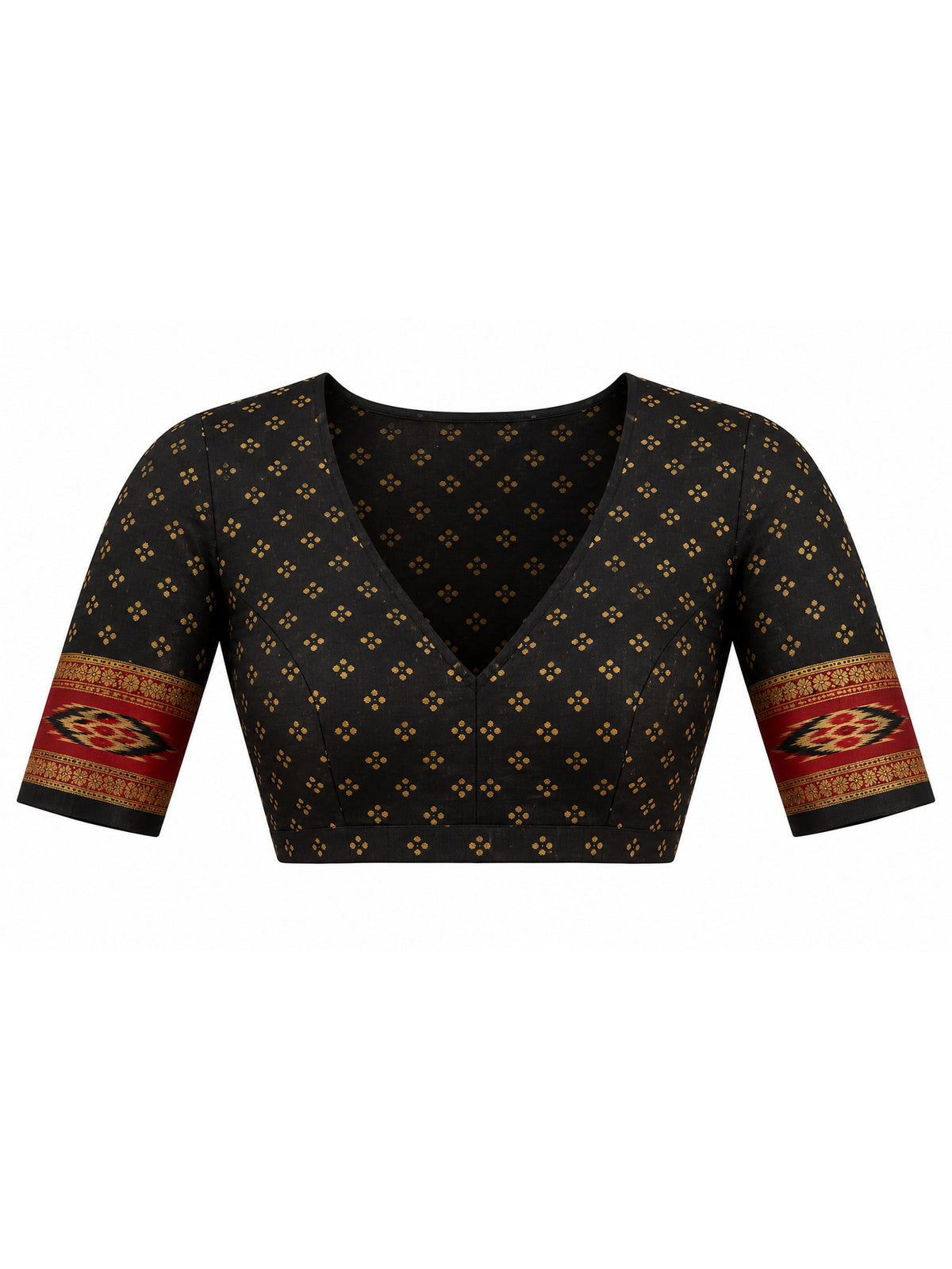 Unstitched navy blue silk blend blouse piece with ethnic motif design