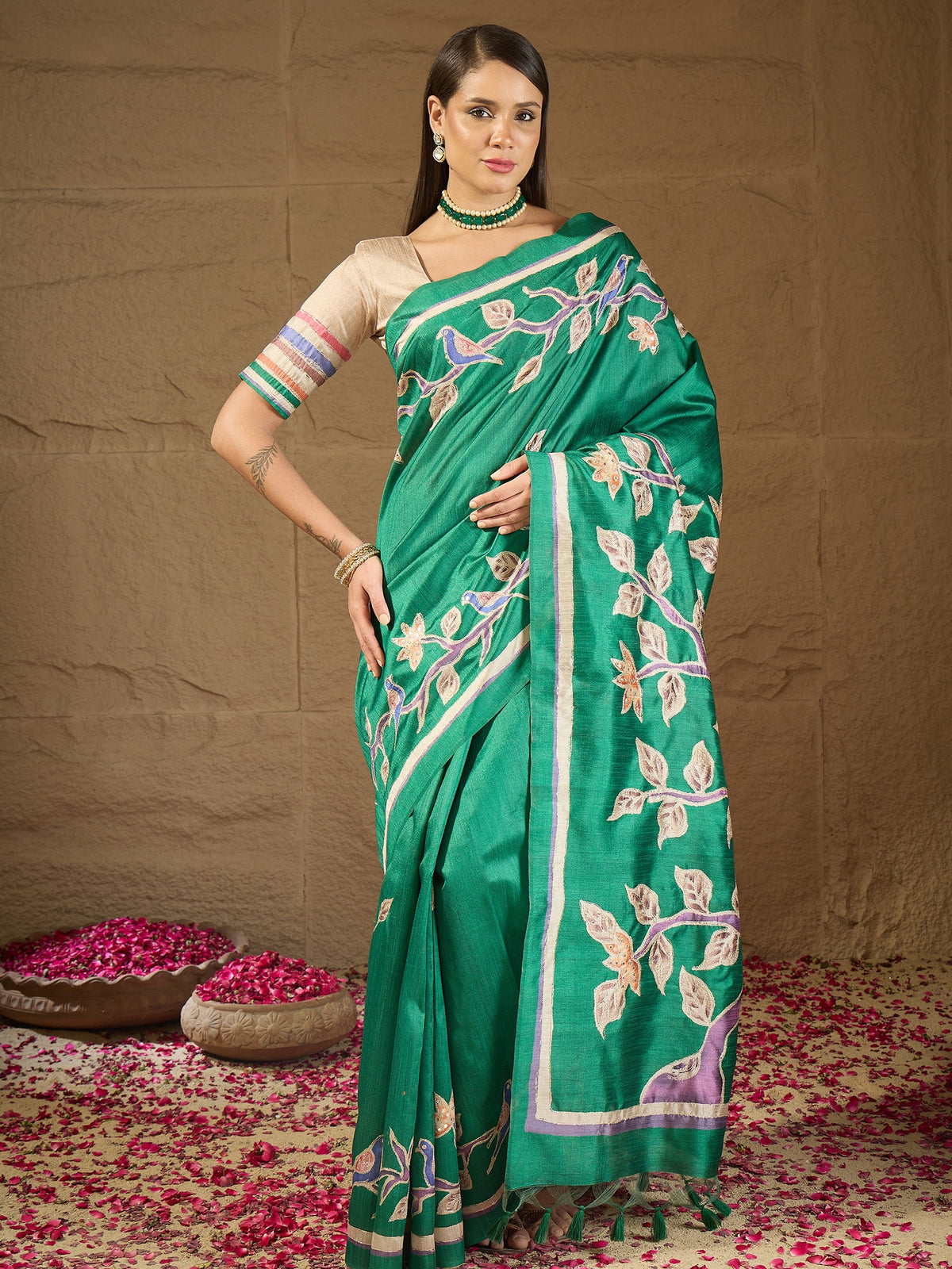 Teal Green ethnic motif art silk saree with beige blouse piece