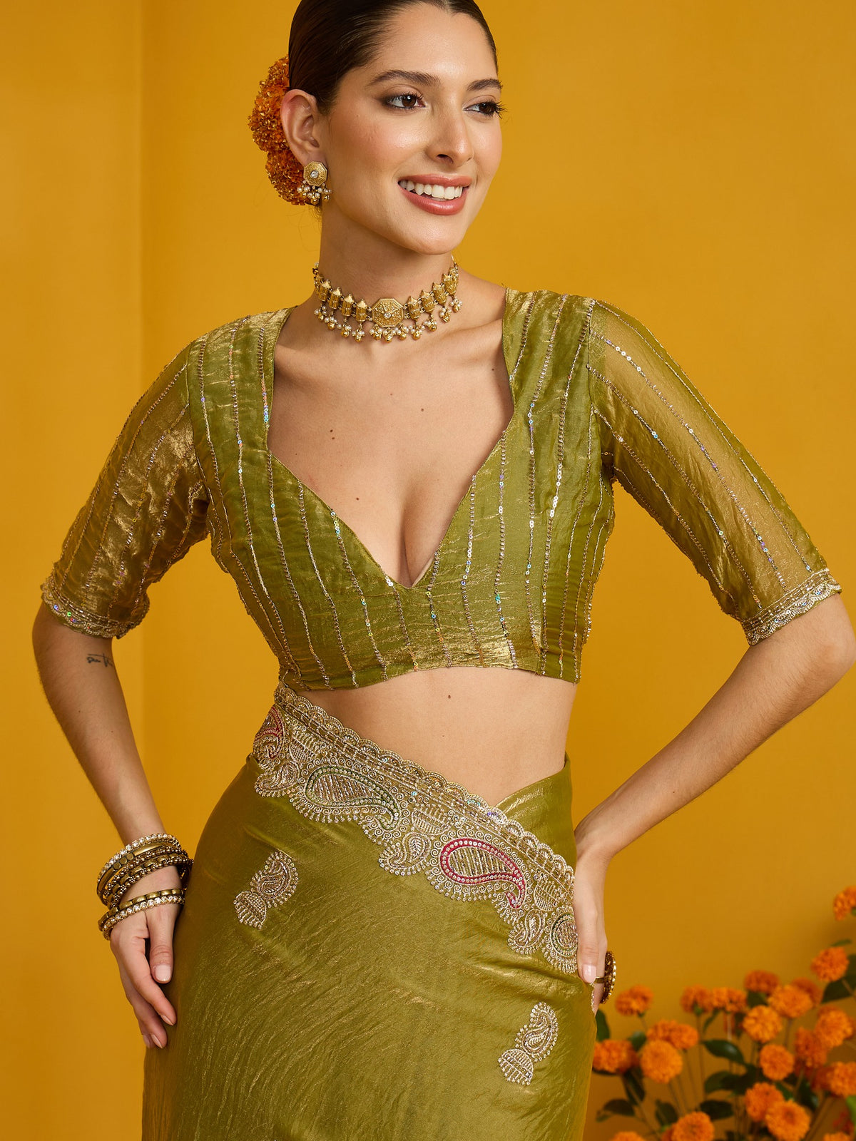 Olive Satin Silk saree – detail view 5