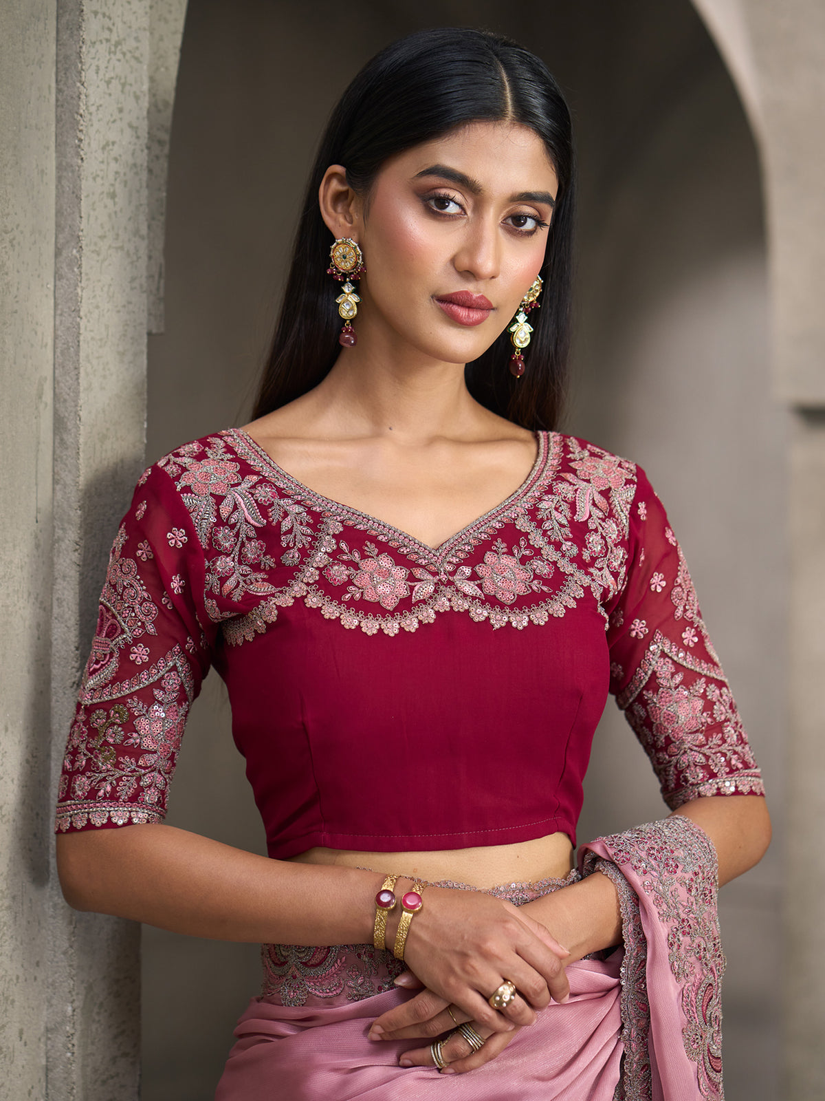 Unstitched magenta georgette blouse piece with embellished design