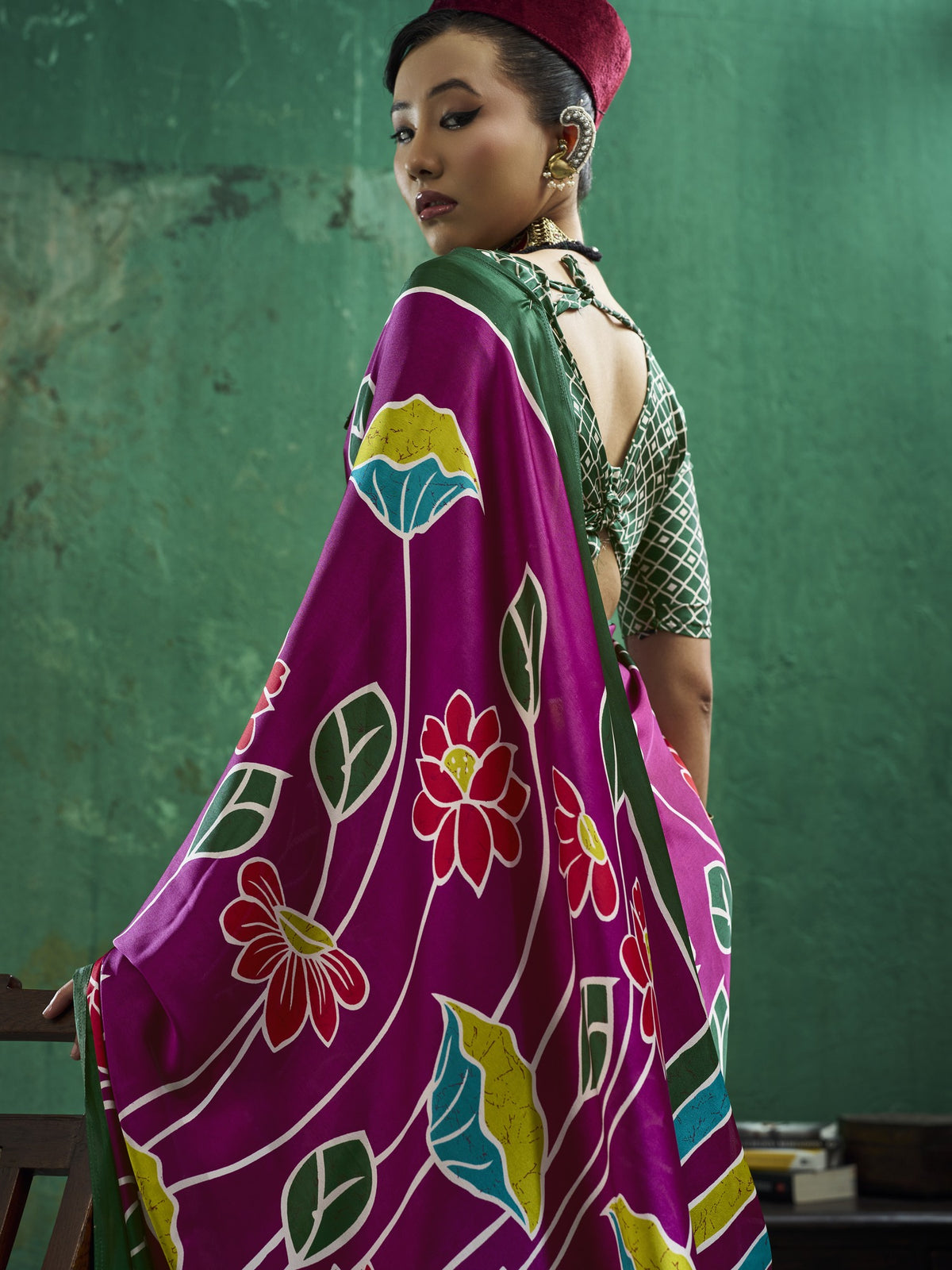 Magenta satin saree view 4