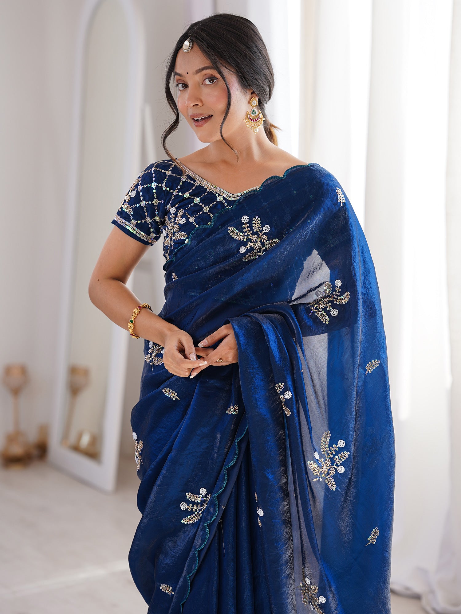 Navy Blue Satin saree – detail view 4