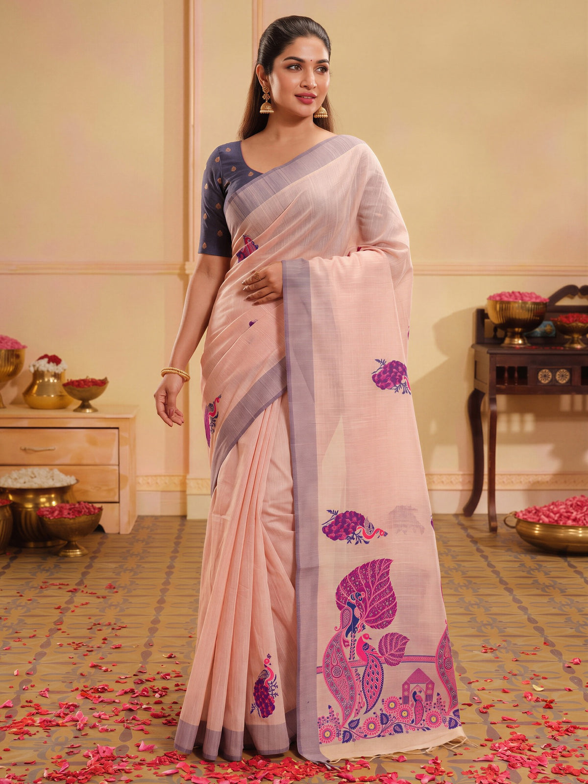 Rose ethnic motif silk blend saree with navy blue blouse piece