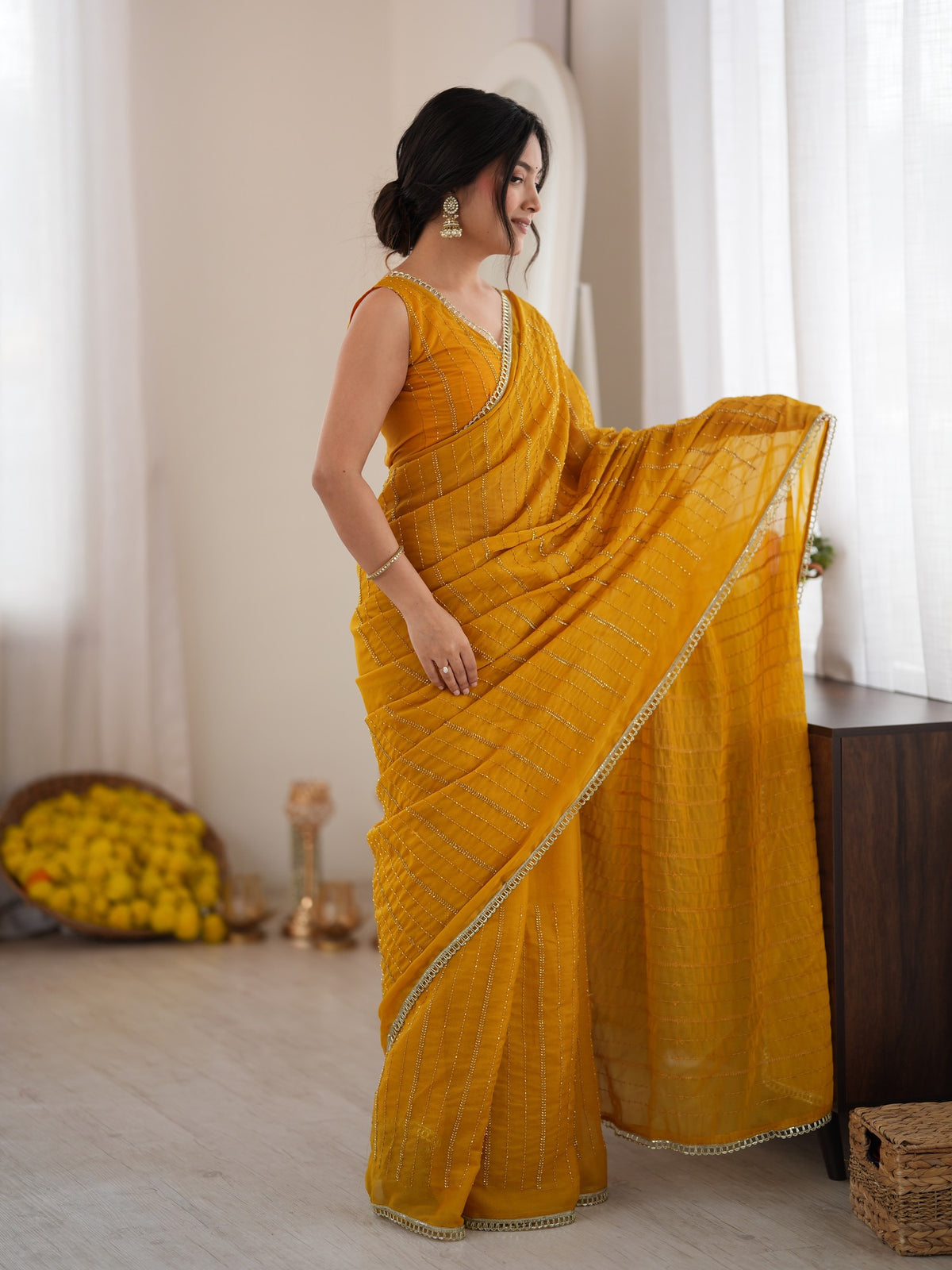 Mustard Georgette saree – detail view 2
