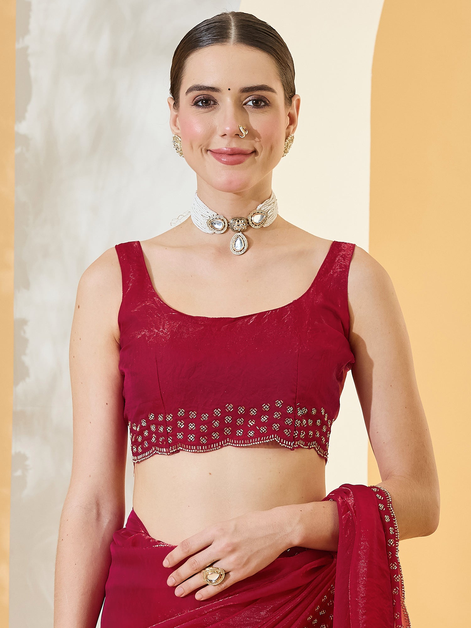 Unstitched red satin blouse piece with embellished design