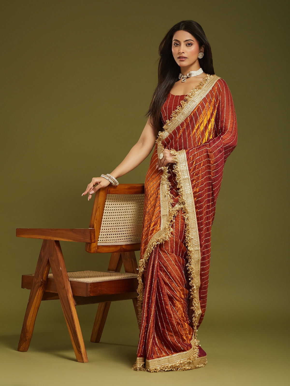 Orange Satin saree – detail view 1
