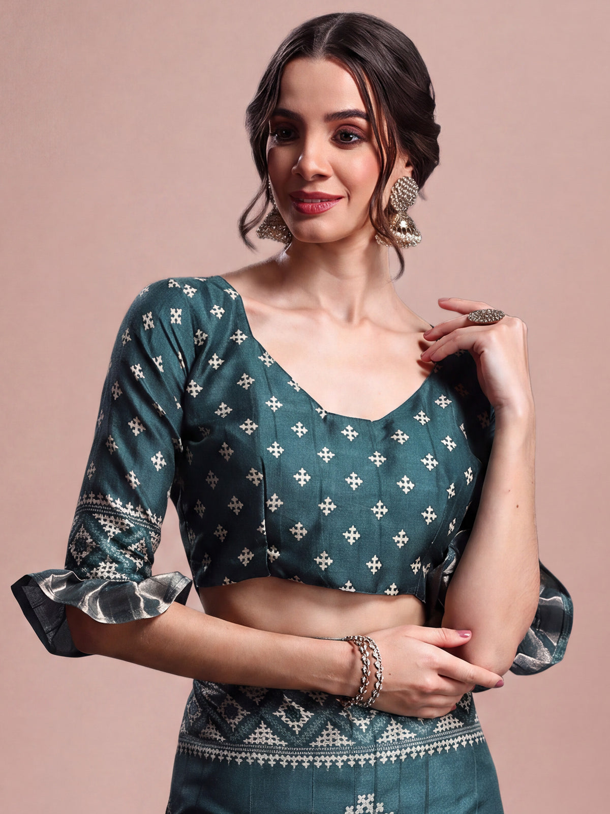 Unstitched teal blue silk blend blouse piece with geometric design