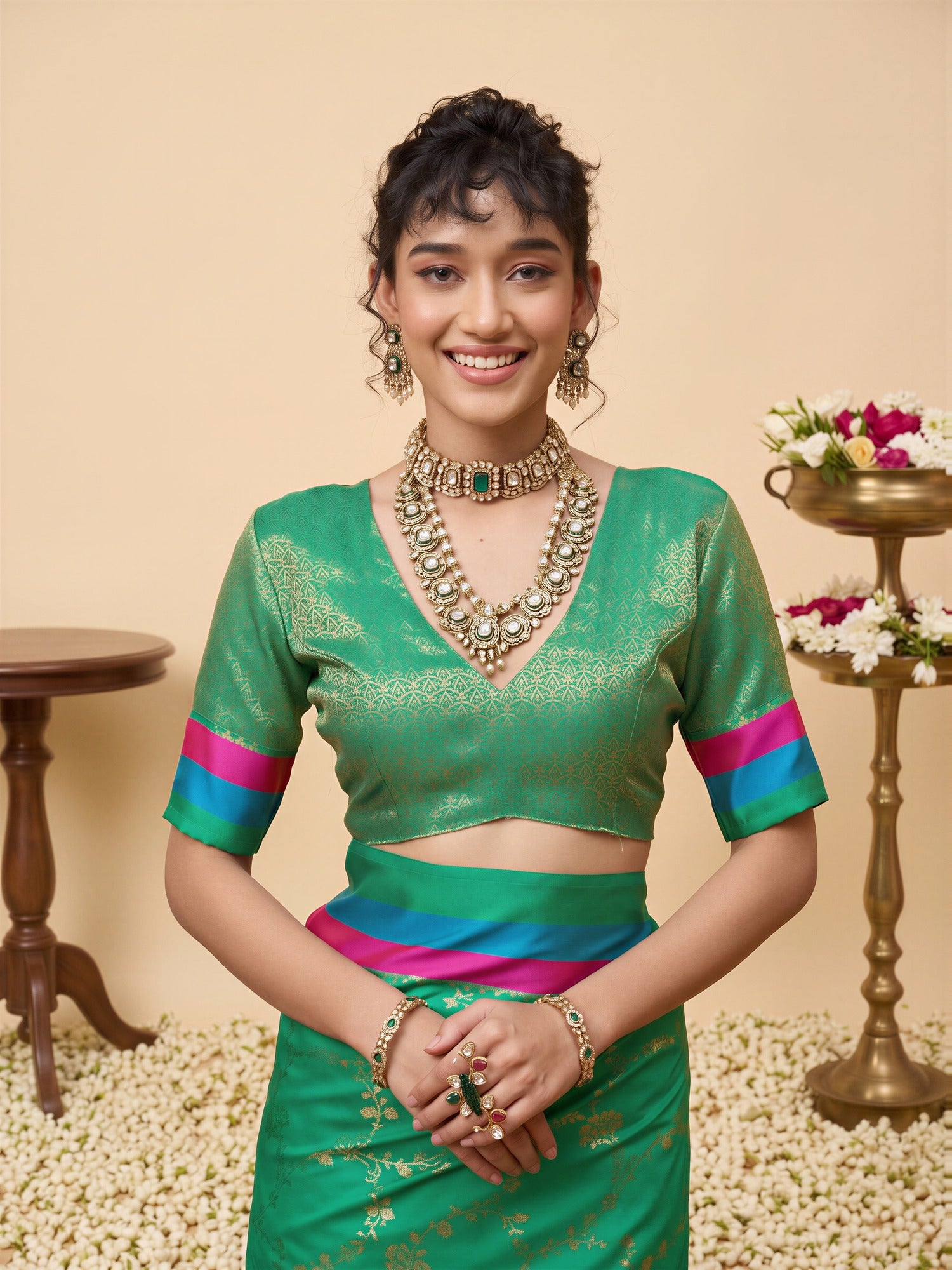 Unstitched teal green pure silk blouse piece with ethnic motif design