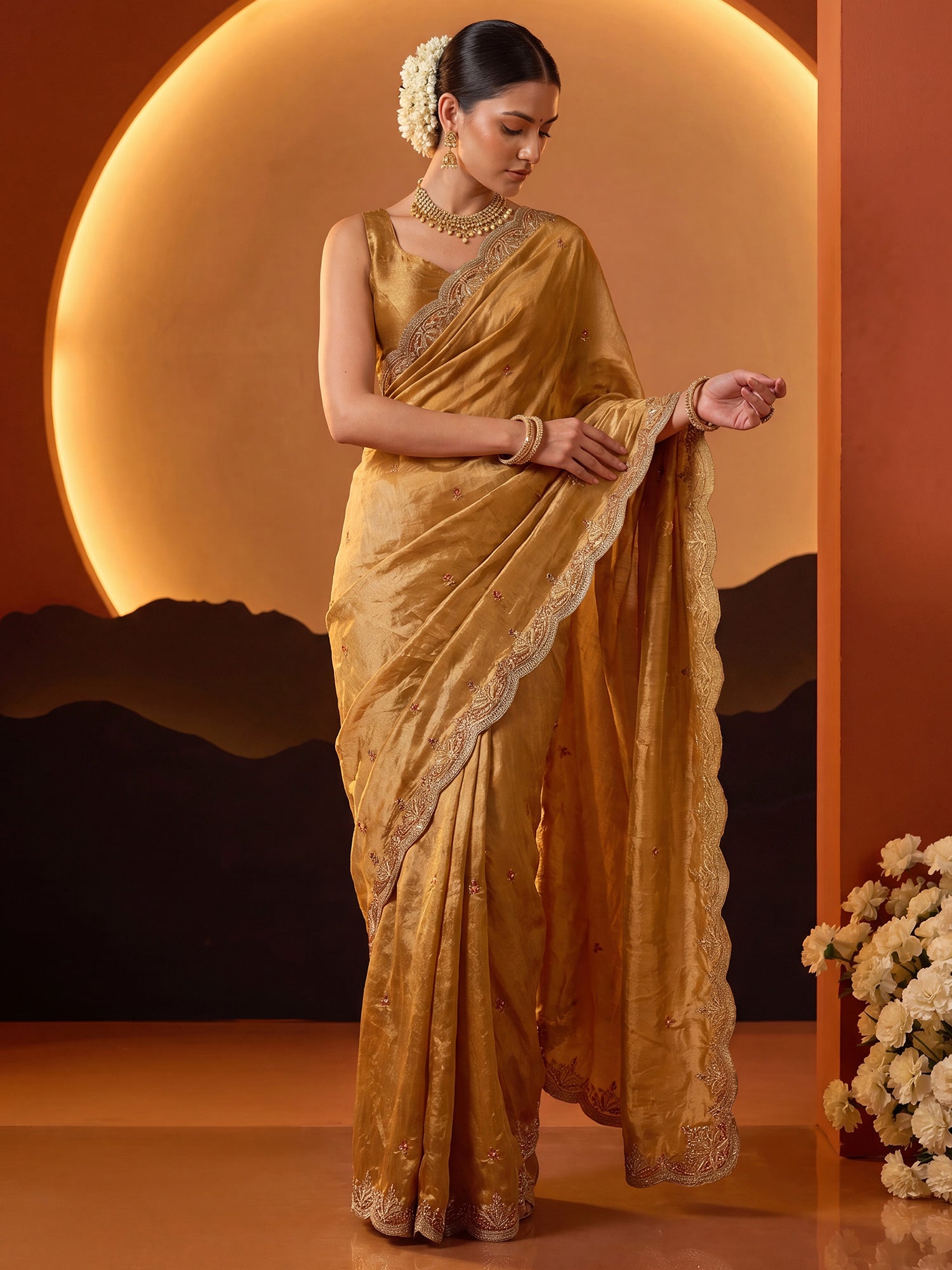 Mustard Satin saree – detail view 3