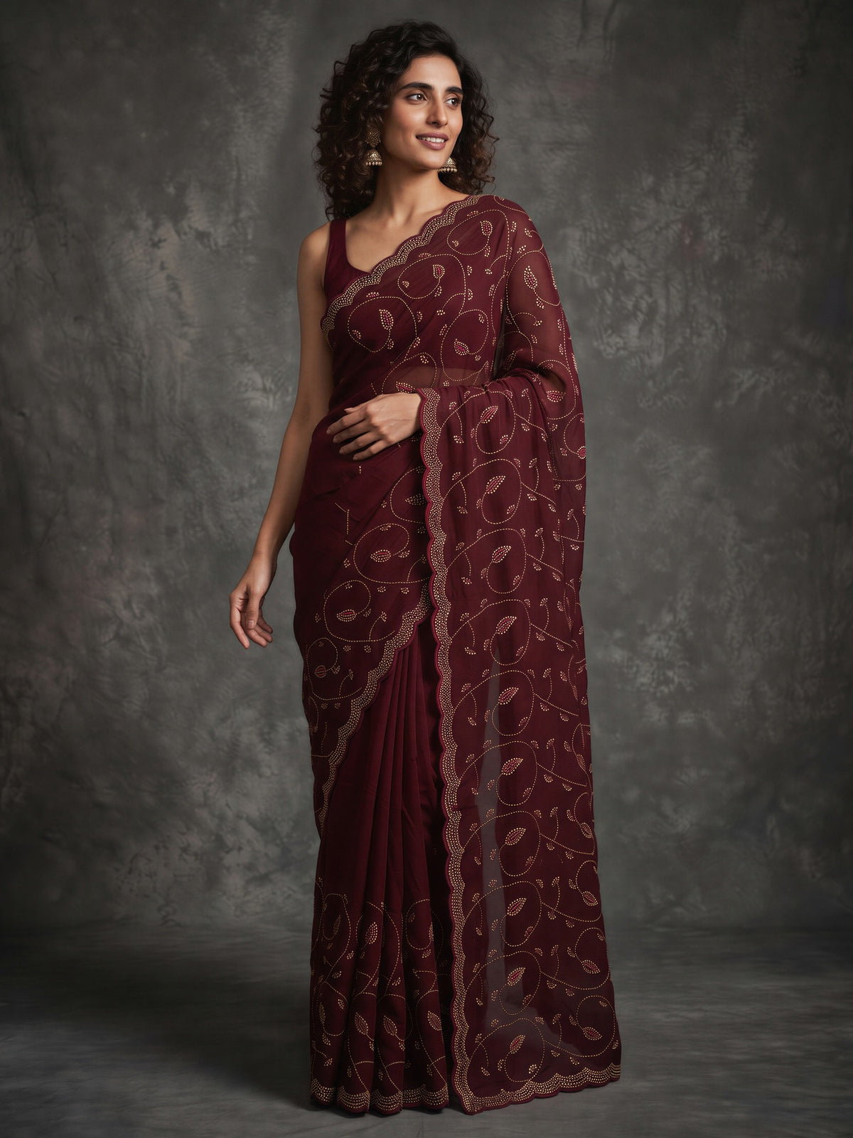 Wine embellished satin saree with wine blouse piece